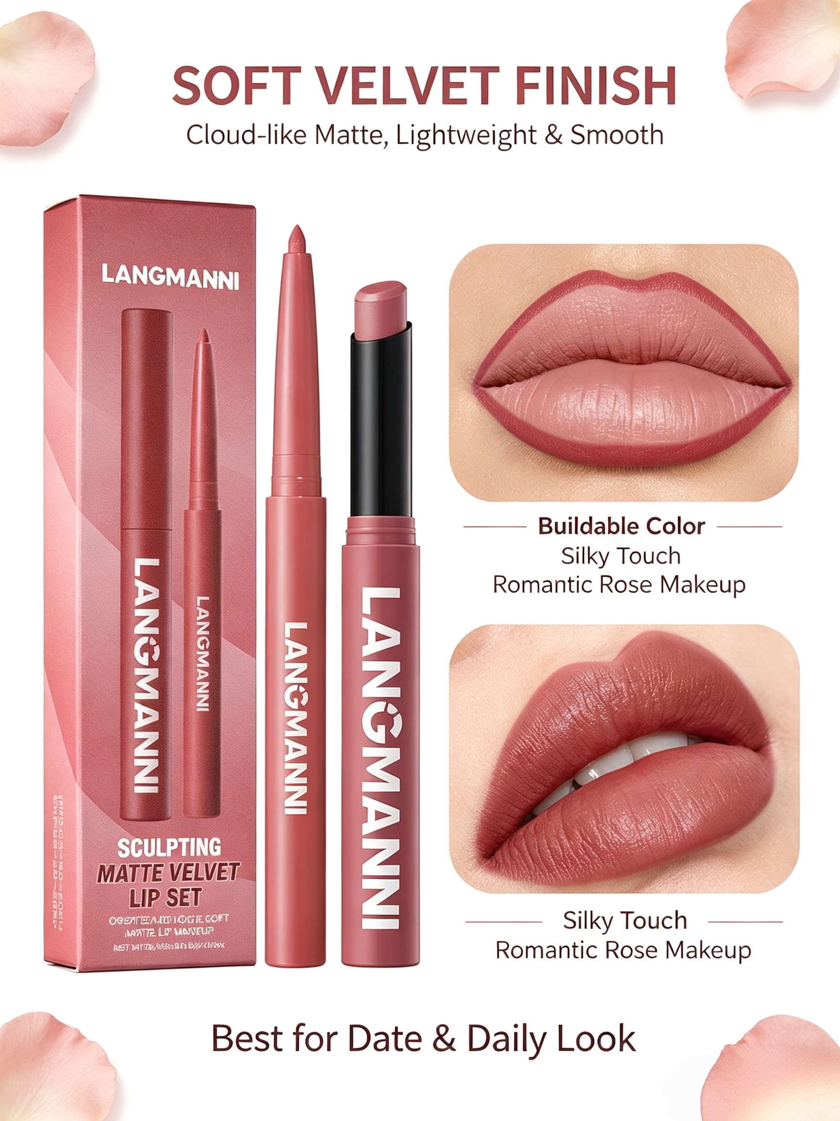 LANGMANNI #07 Rose Beige Matte Velvet Lip Set - Dual-Ended Liner and Lipstick