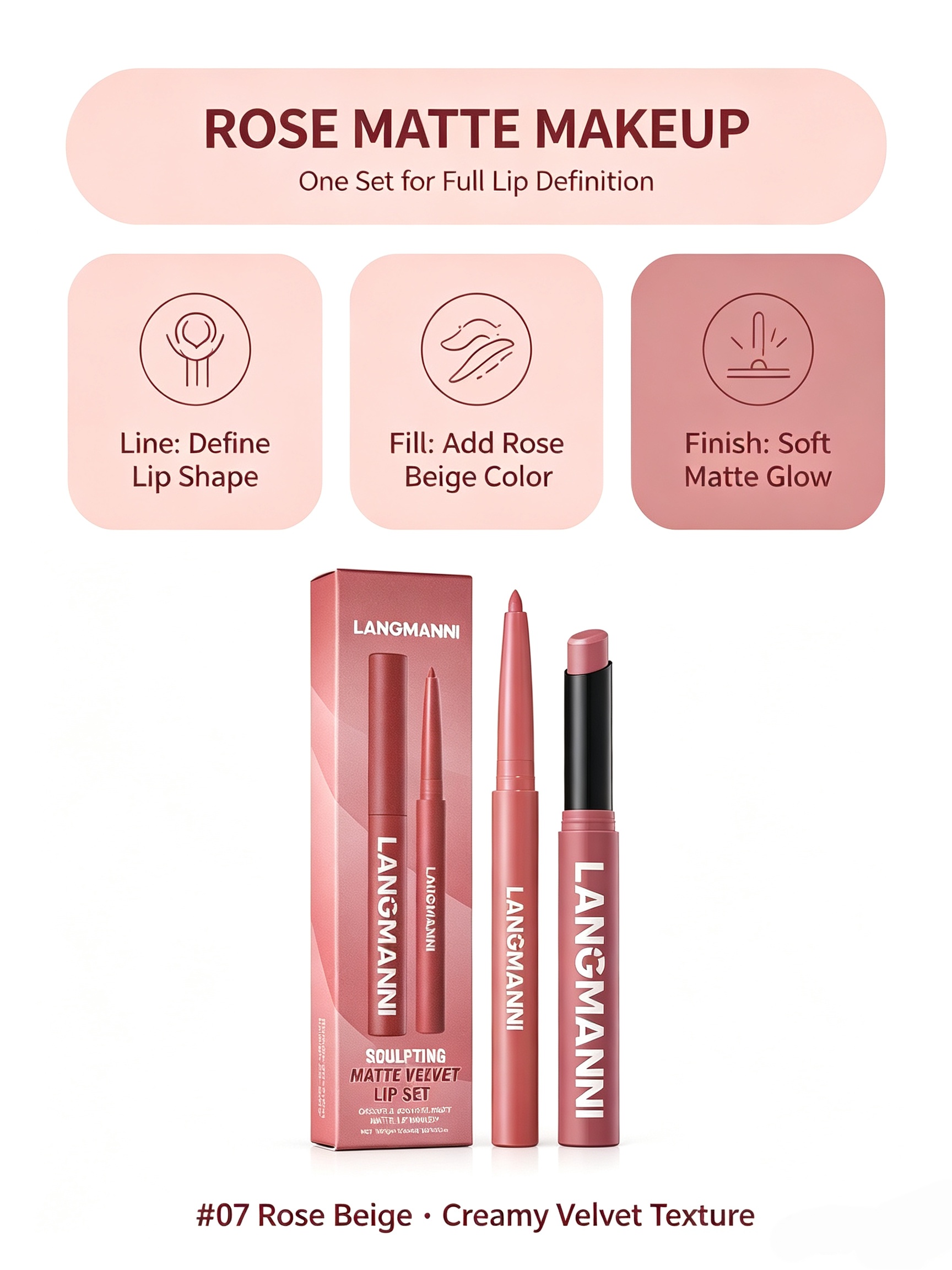LANGMANNI #07 Rose Beige Matte Velvet Lip Set - Dual-Ended Liner and Lipstick