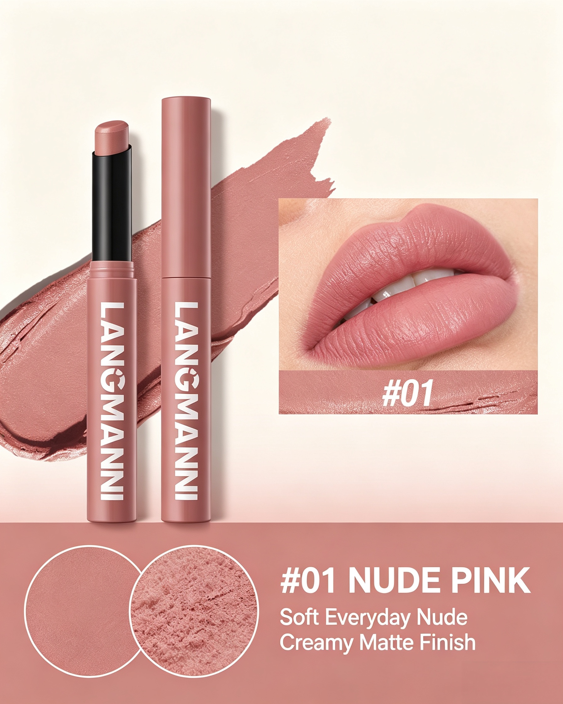LANGMANNI #01 Nude Pink Matte Lipstick - Soft Everyday Creamy Finish