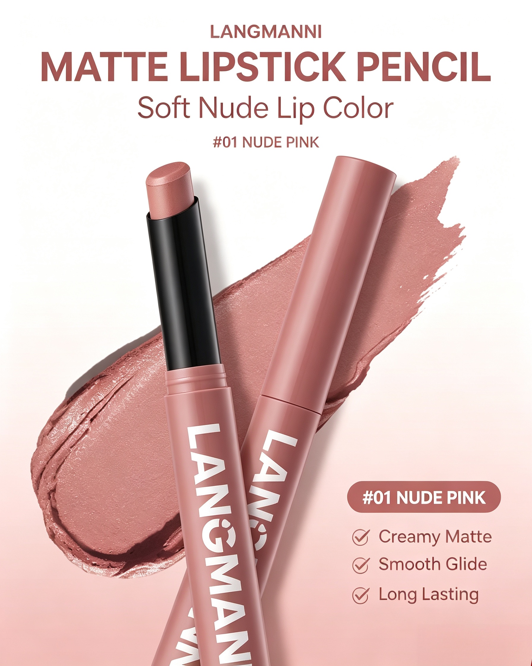 LANGMANNI #01 Nude Pink Matte Lipstick - Soft Everyday Creamy Finish