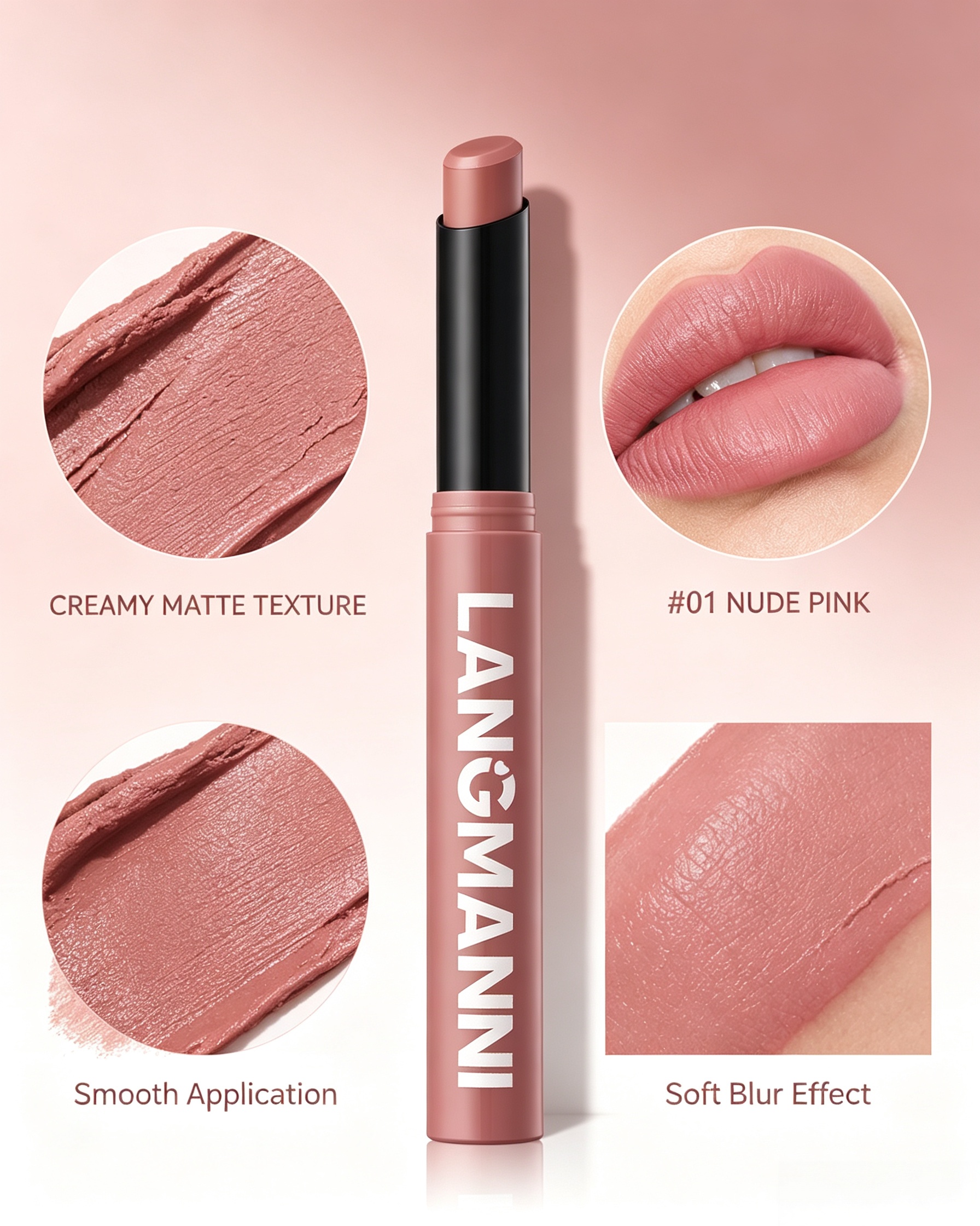 LANGMANNI #01 Nude Pink Matte Lipstick - Soft Everyday Creamy Finish