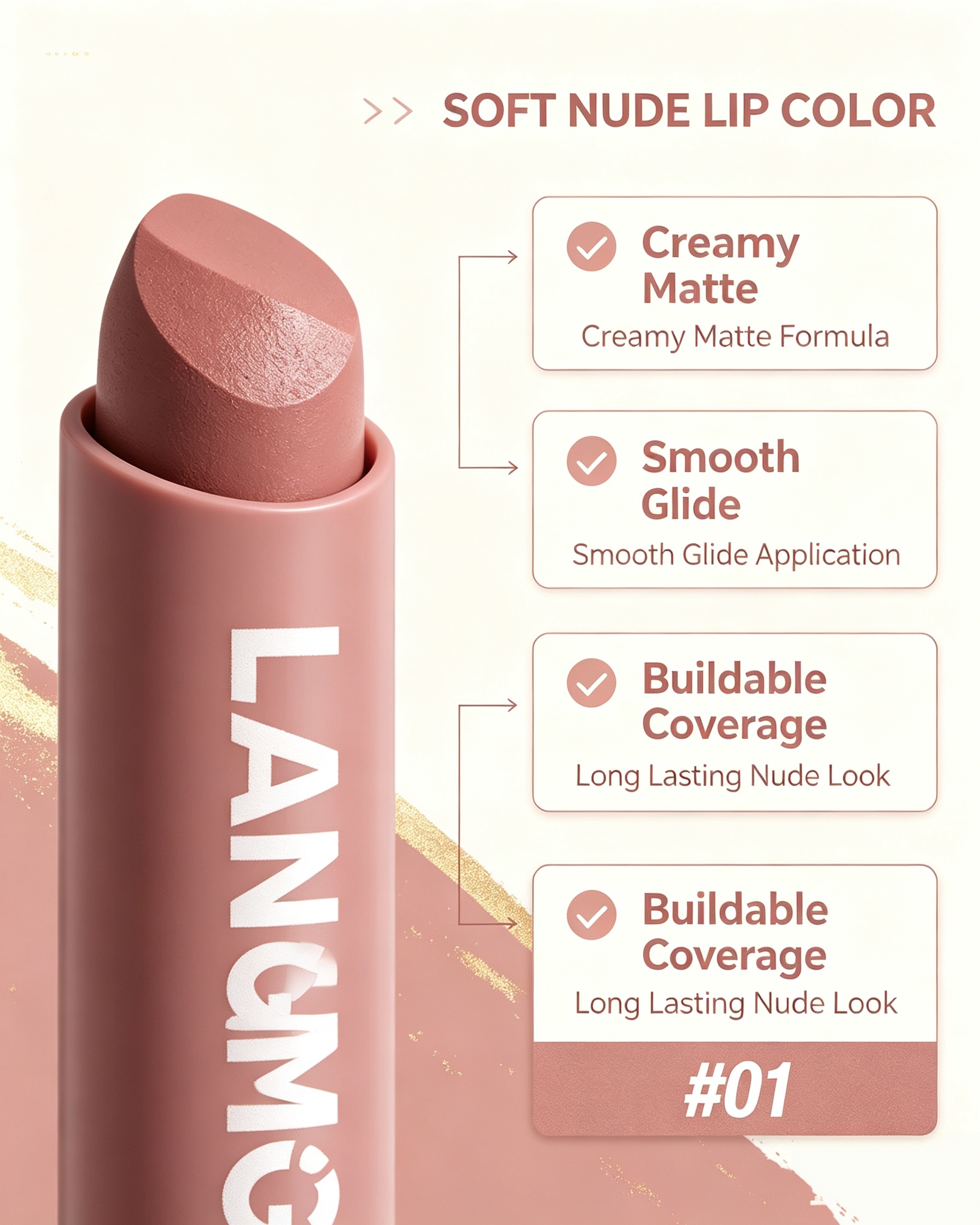 LANGMANNI #01 Nude Pink Matte Lipstick - Soft Everyday Creamy Finish