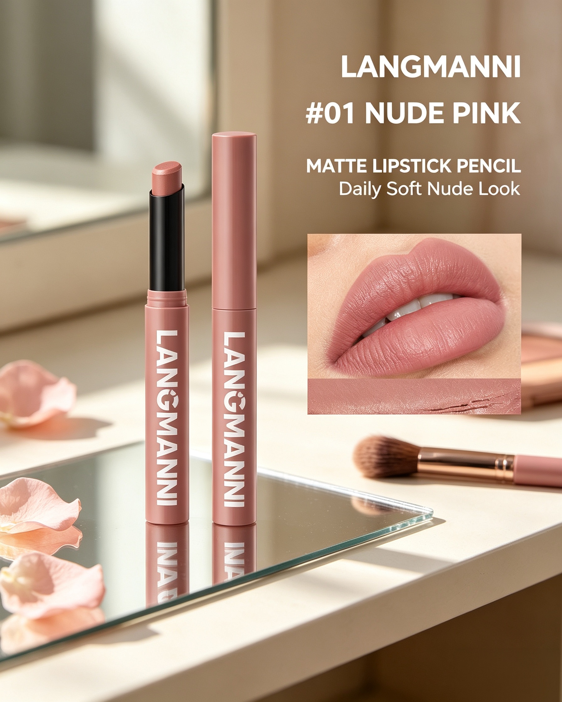 LANGMANNI #01 Nude Pink Matte Lipstick - Soft Everyday Creamy Finish