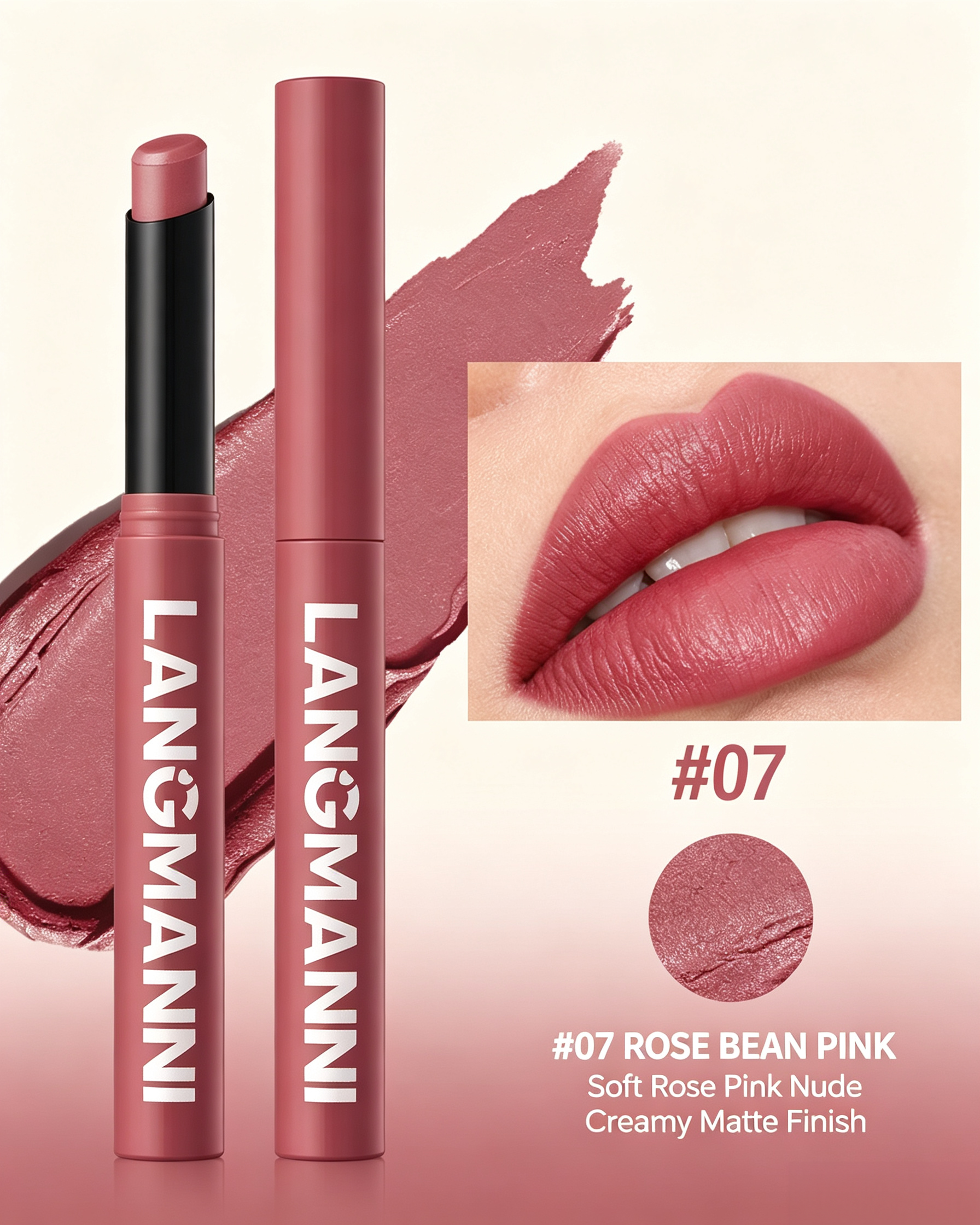 LANGMANNI #07 Rose Bean Pink Matte Lipstick - Creamy Soft Nude Finish