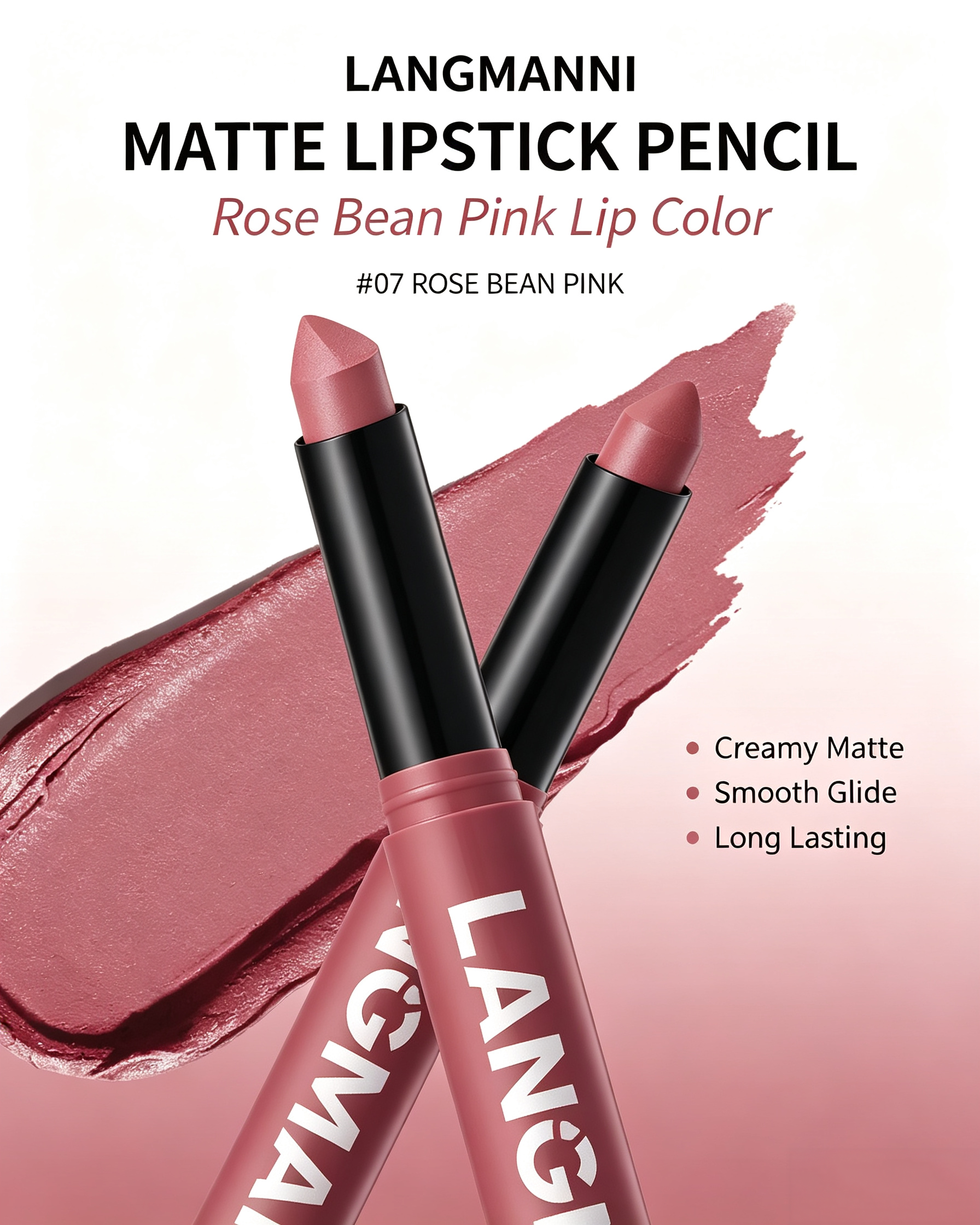 LANGMANNI #07 Rose Bean Pink Matte Lipstick - Creamy Soft Nude Finish