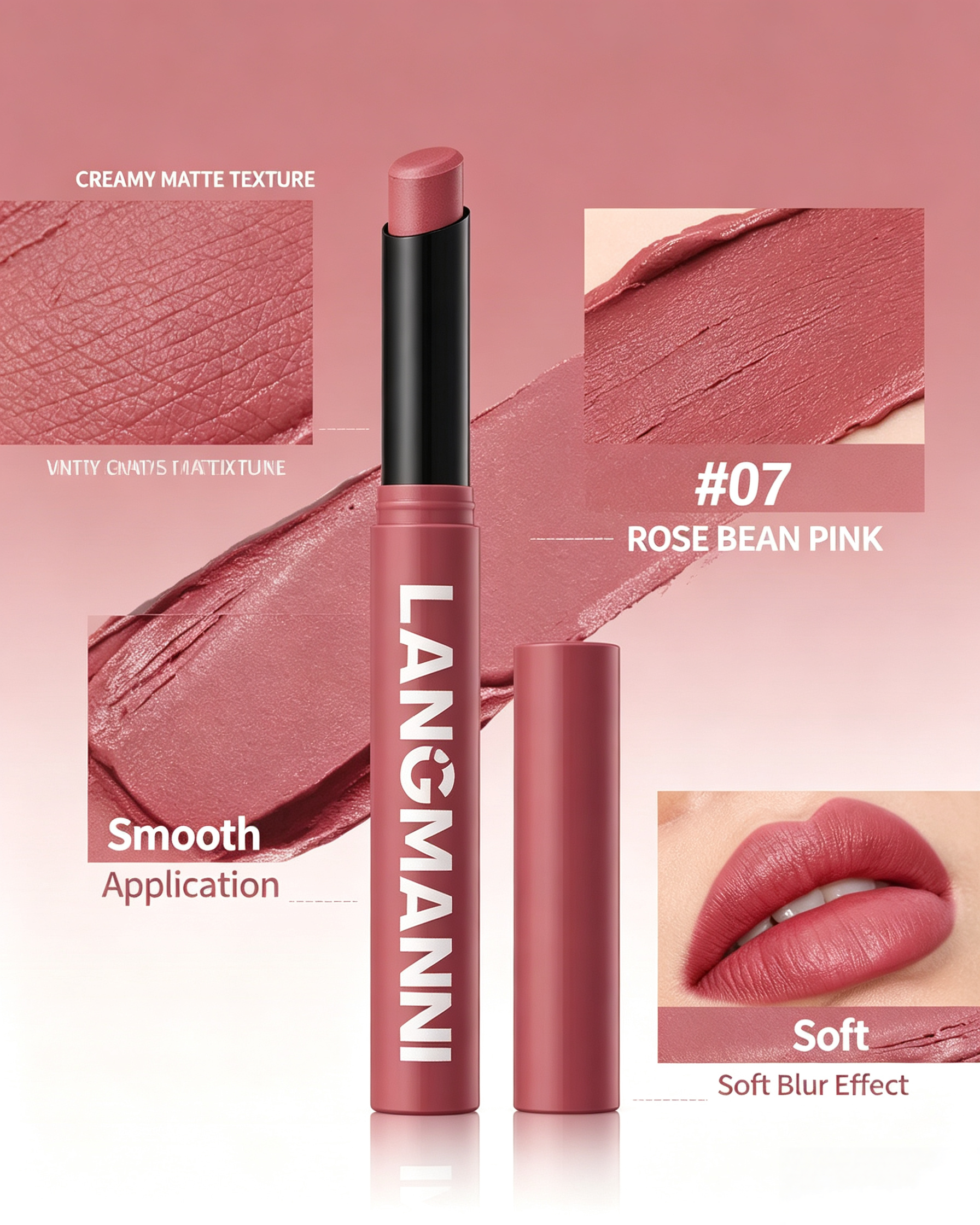 LANGMANNI #07 Rose Bean Pink Matte Lipstick - Creamy Soft Nude Finish
