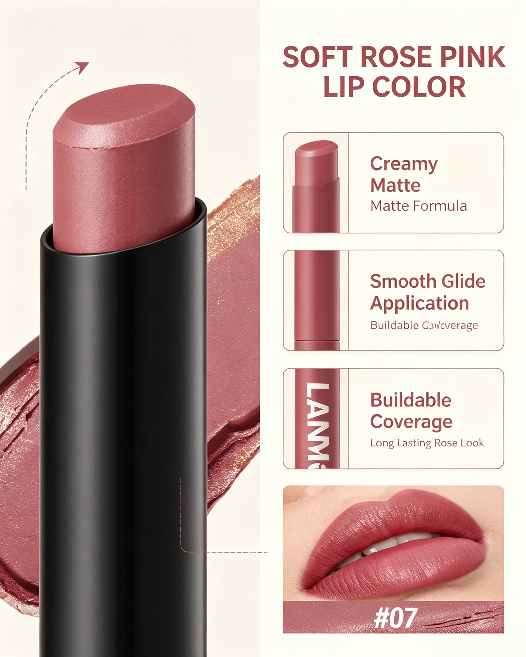 LANGMANNI #07 Rose Bean Pink Matte Lipstick - Creamy Soft Nude Finish