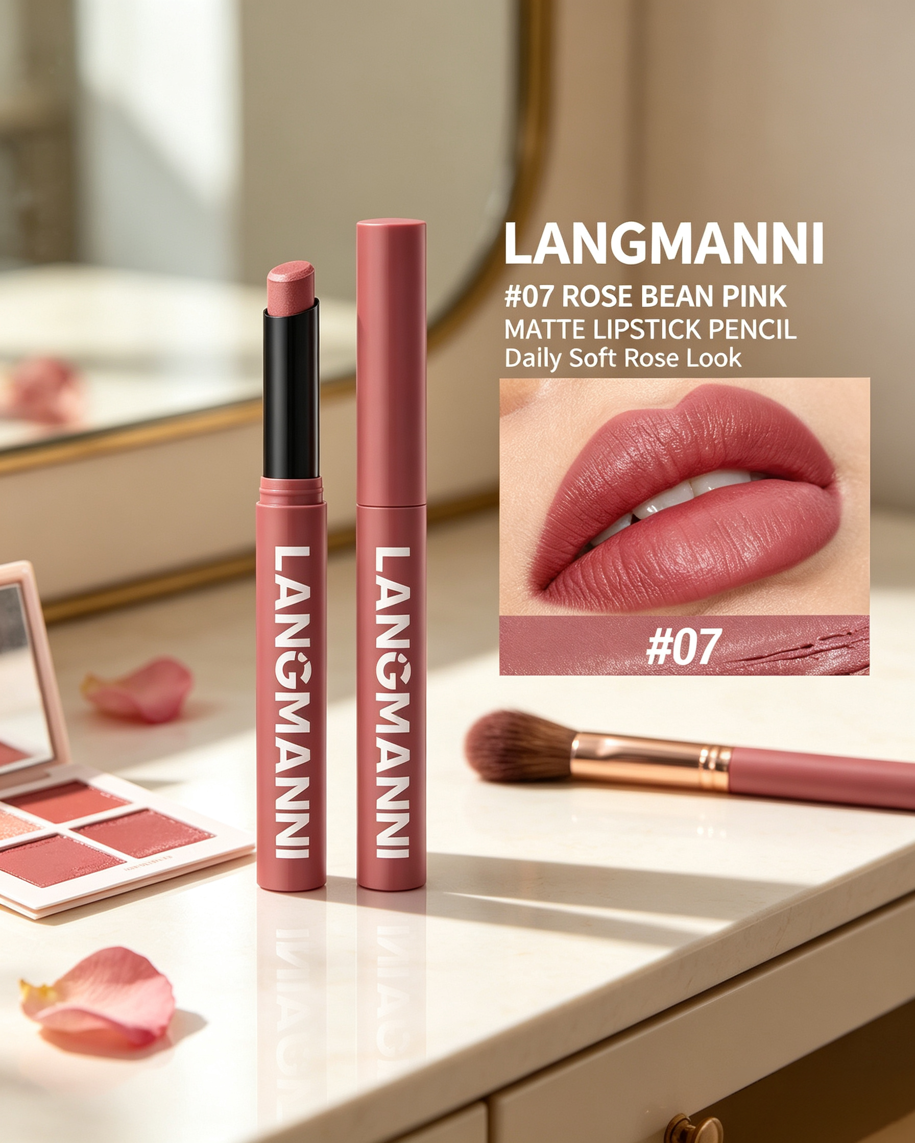 LANGMANNI #07 Rose Bean Pink Matte Lipstick - Creamy Soft Nude Finish