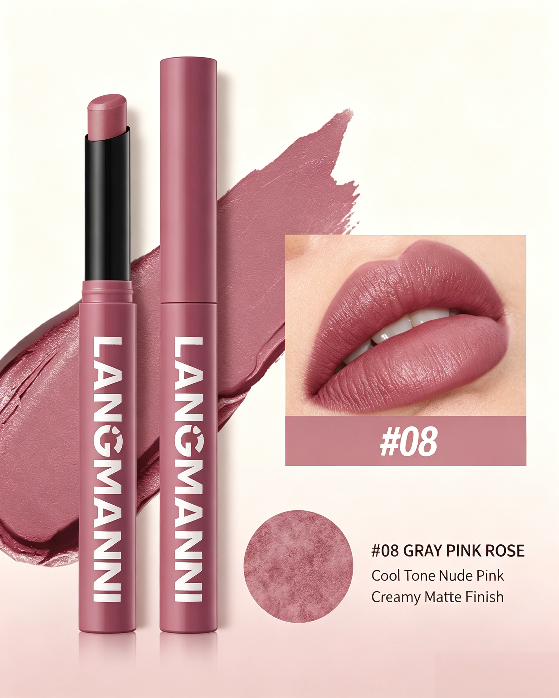 LANGMANNI #08 Gray Pink Rose Matte Lipstick - Cool Tone Nude Pink