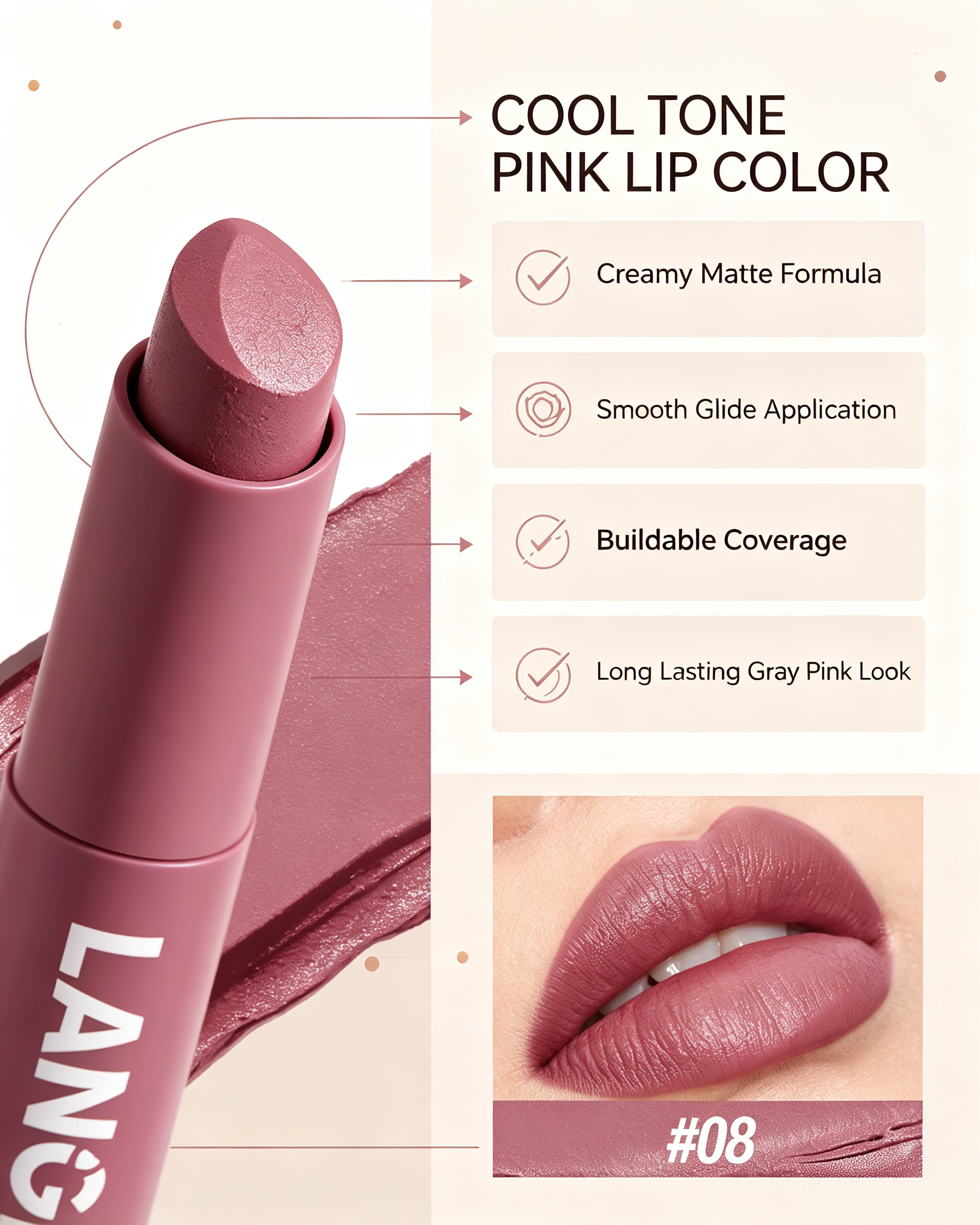 LANGMANNI #08 Gray Pink Rose Matte Lipstick - Cool Tone Nude Pink