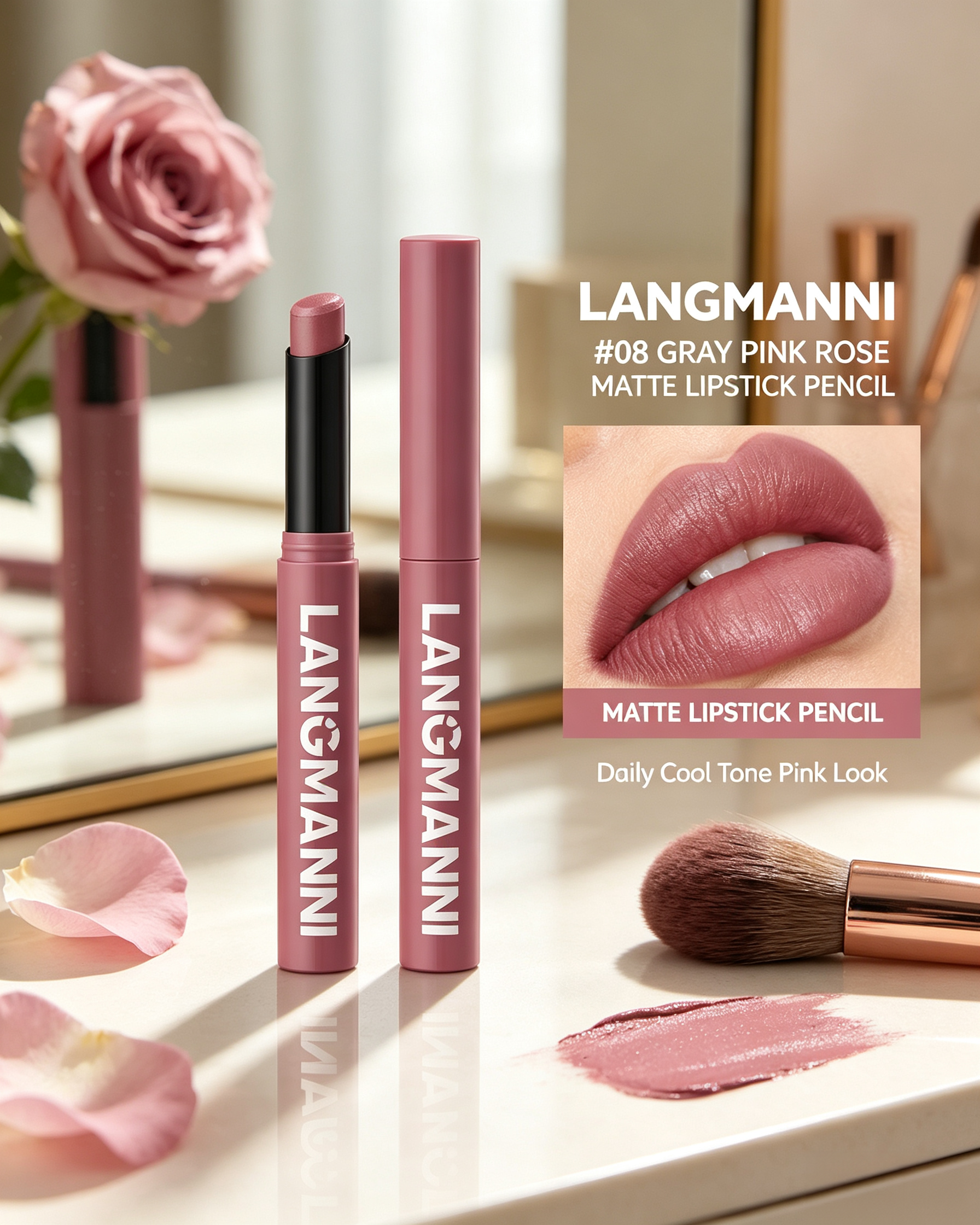 LANGMANNI #08 Gray Pink Rose Matte Lipstick - Cool Tone Nude Pink
