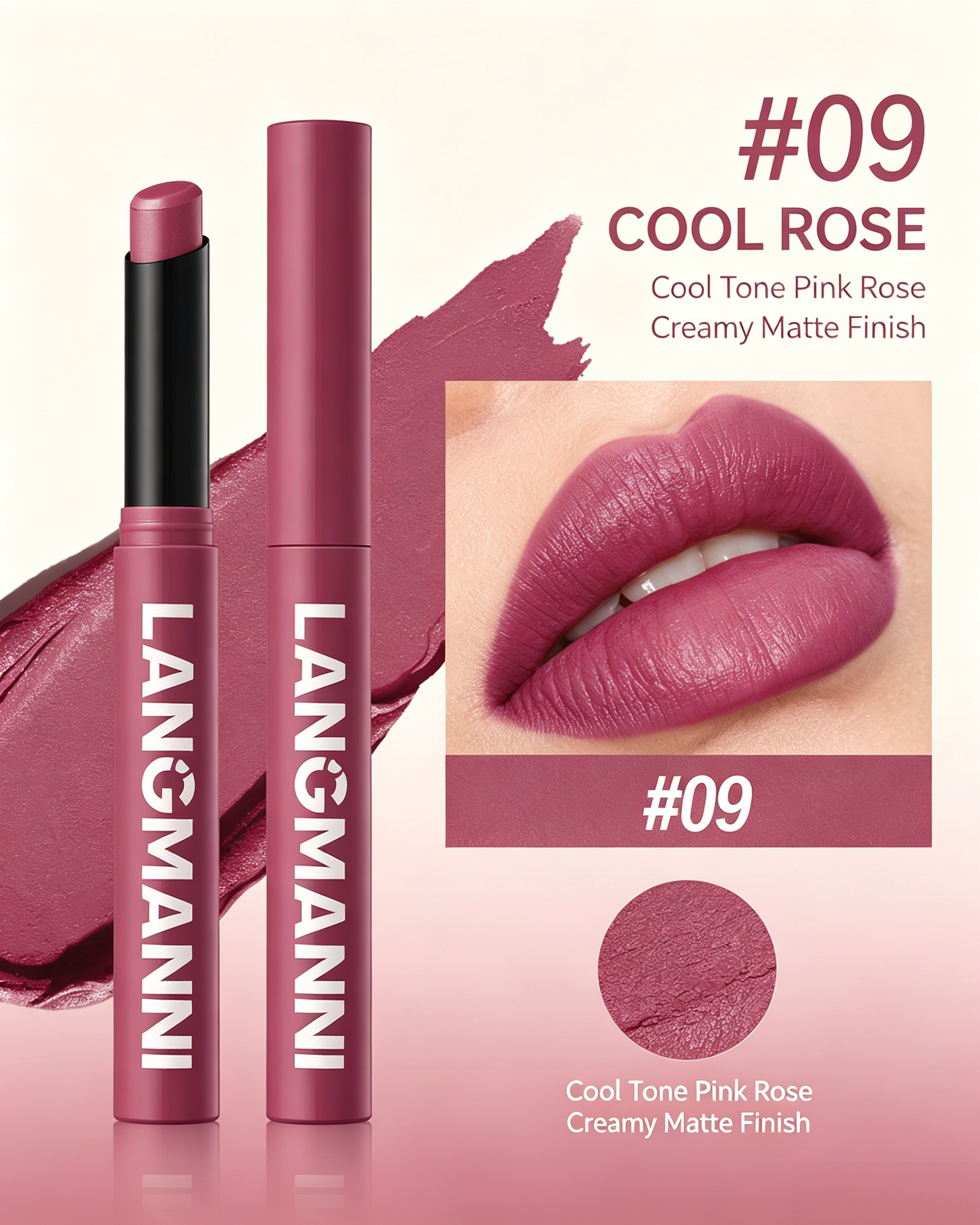 LANGMANNI Cool Rose Matte Lipstick - #09 Pink Rose, Creamy Finish