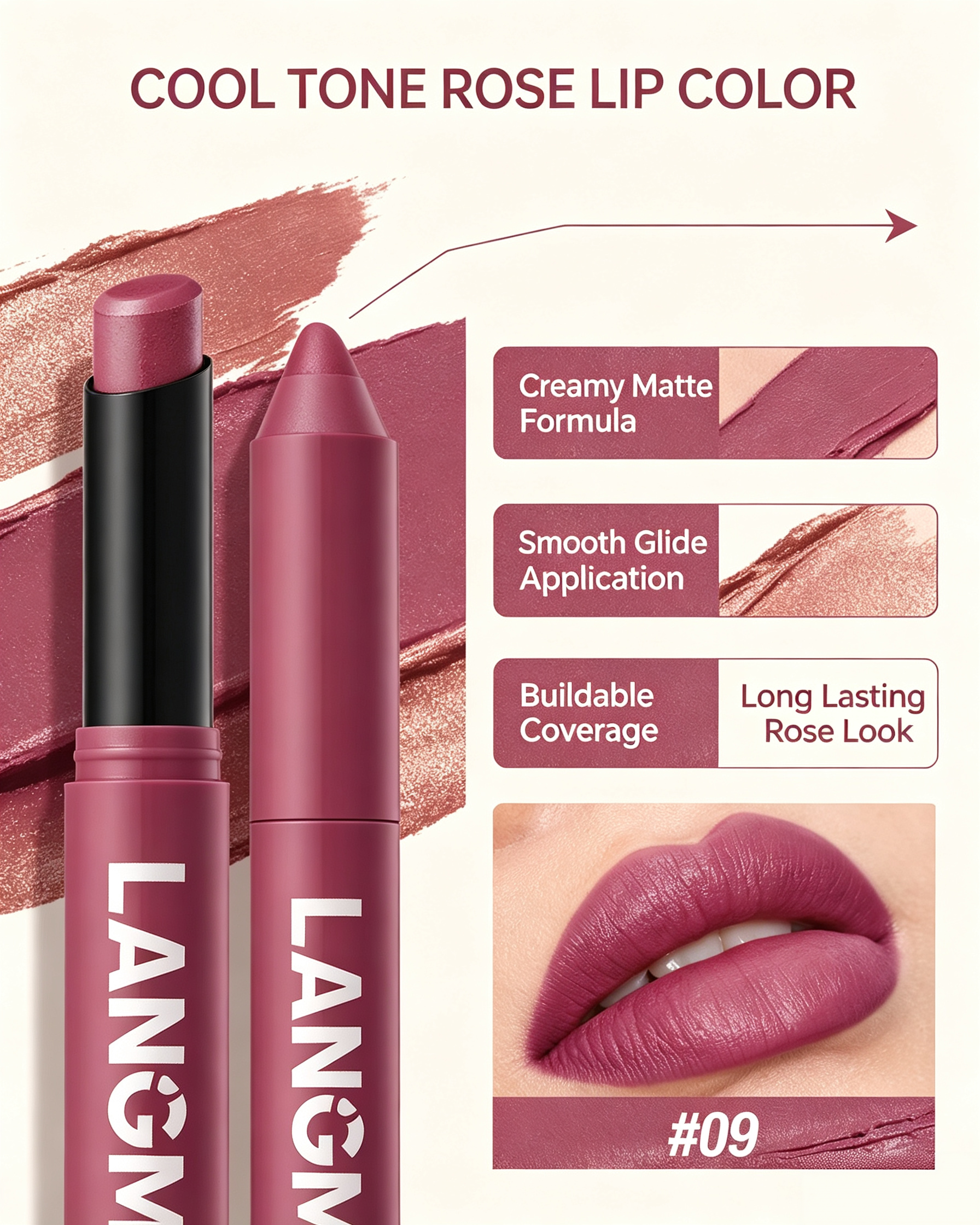 LANGMANNI Cool Rose Matte Lipstick - #09 Pink Rose, Creamy Finish