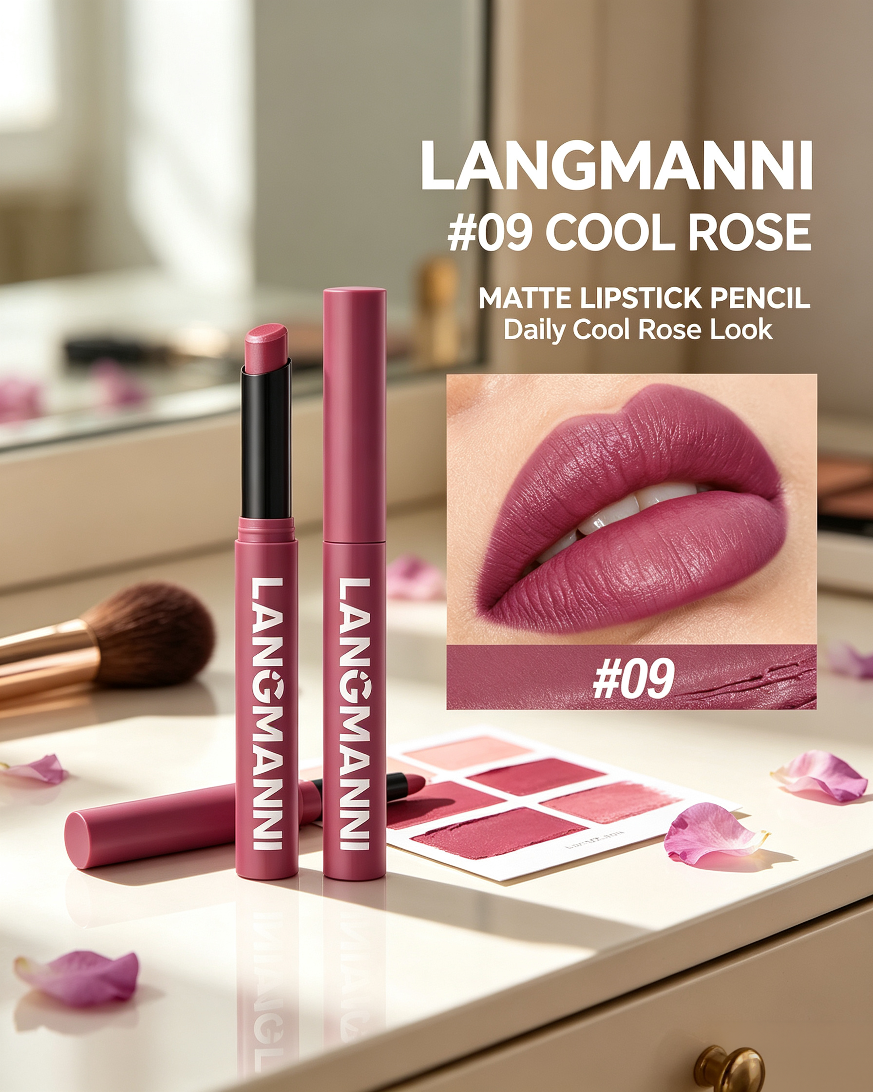 LANGMANNI Cool Rose Matte Lipstick - #09 Pink Rose, Creamy Finish