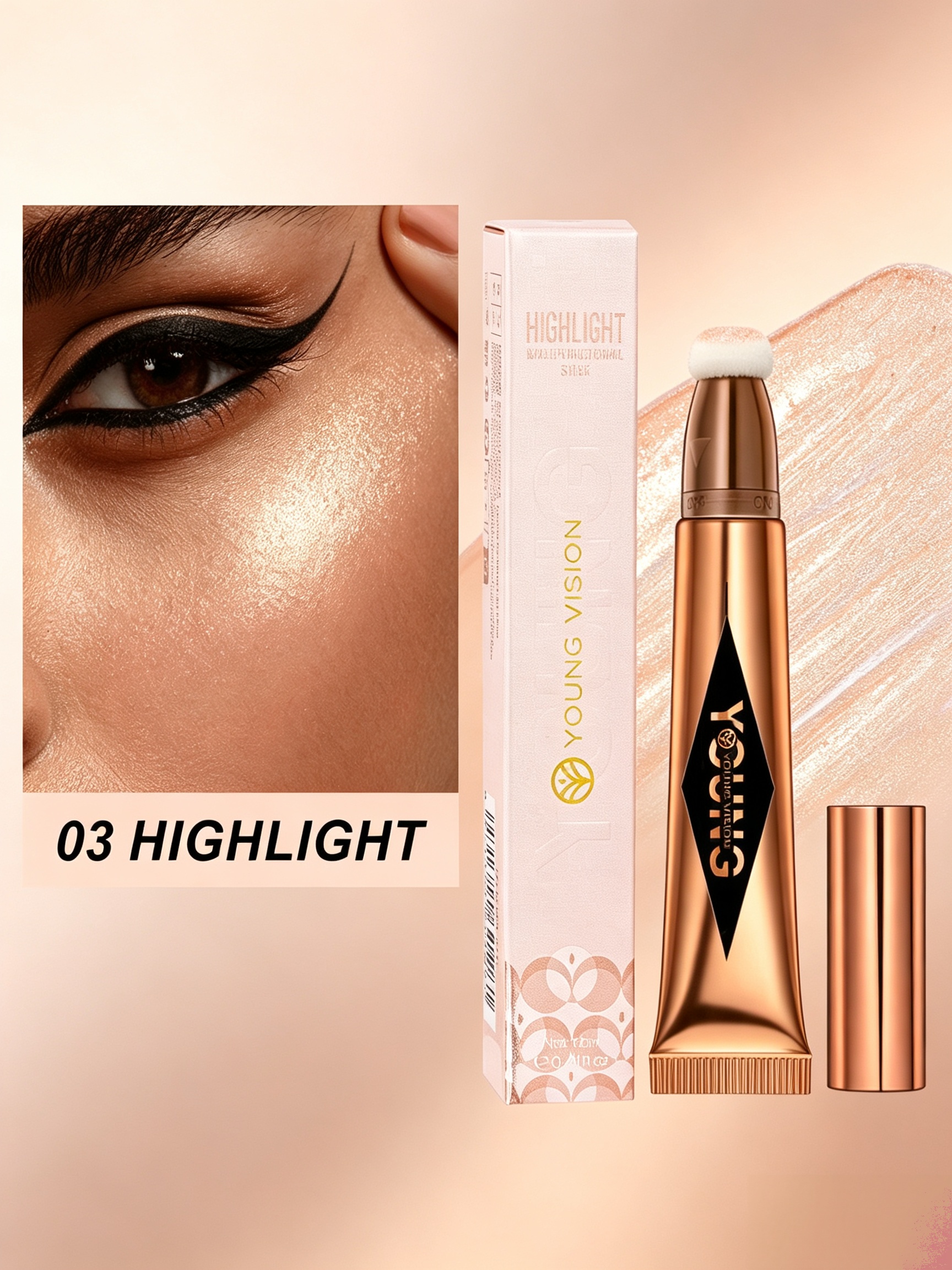 #03 YOUNG VISION Liquid Highlighter Stick, Sponge Tip Shimmer Highlight, Glowy Blendable Face Illuminator for Arabian Bridal & Evening Party Makeup 12ml