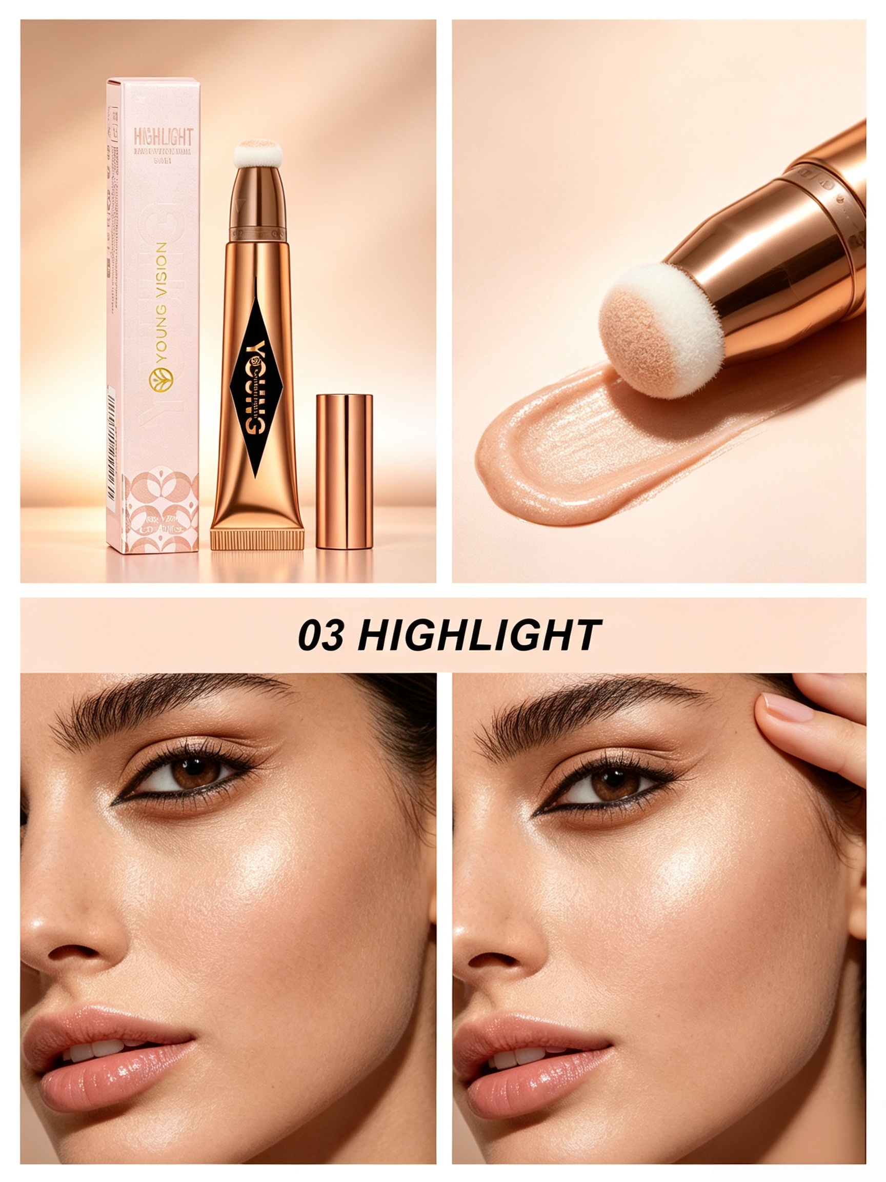#03 YOUNG VISION Liquid Highlighter Stick, Sponge Tip Shimmer Highlight, Glowy Blendable Face Illuminator for Arabian Bridal & Evening Party Makeup 12ml