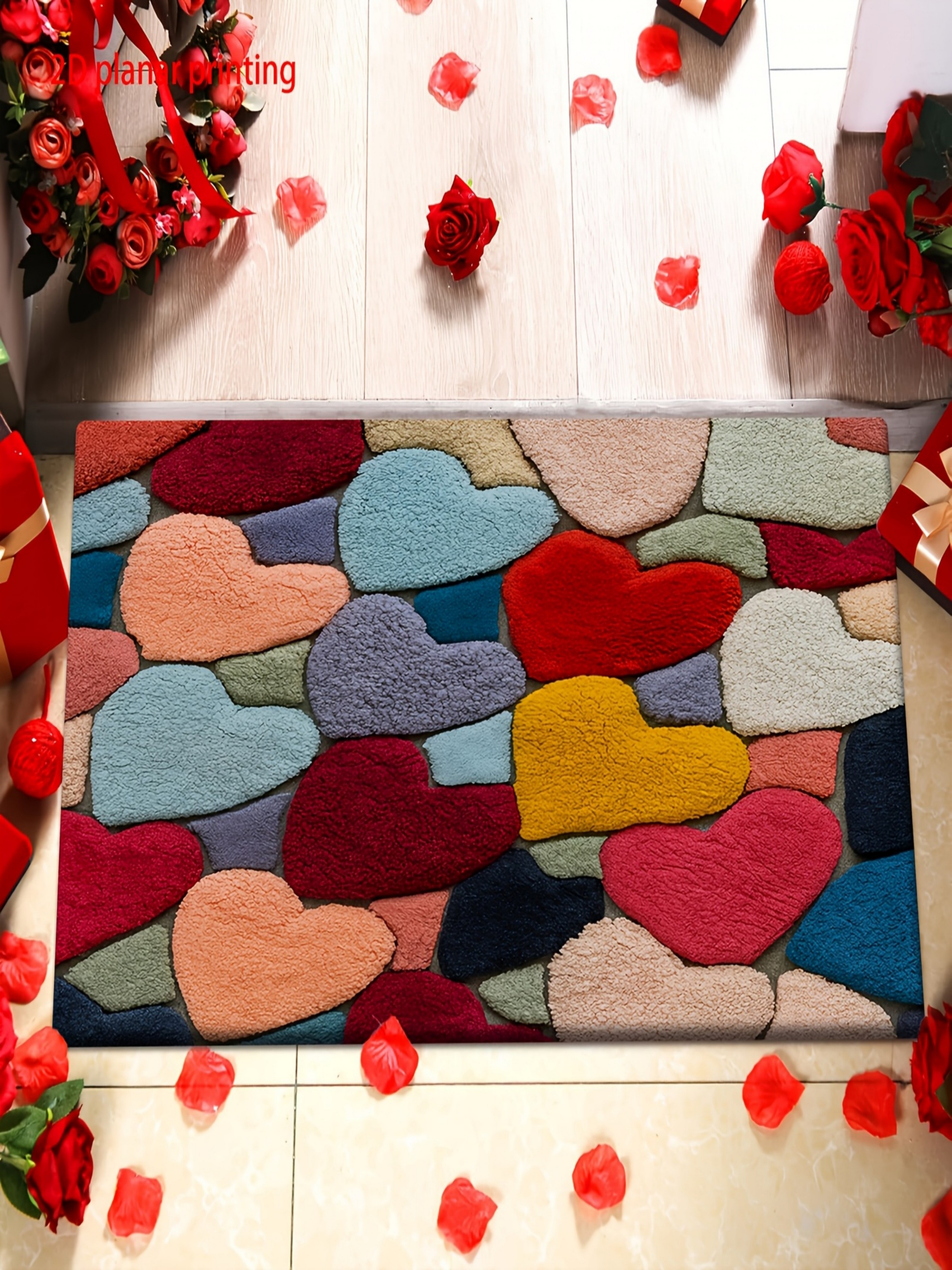 حصيرة حمام مانعة للانزلاق مرقعة بنمط قلوب ملونة، 40*60 سم