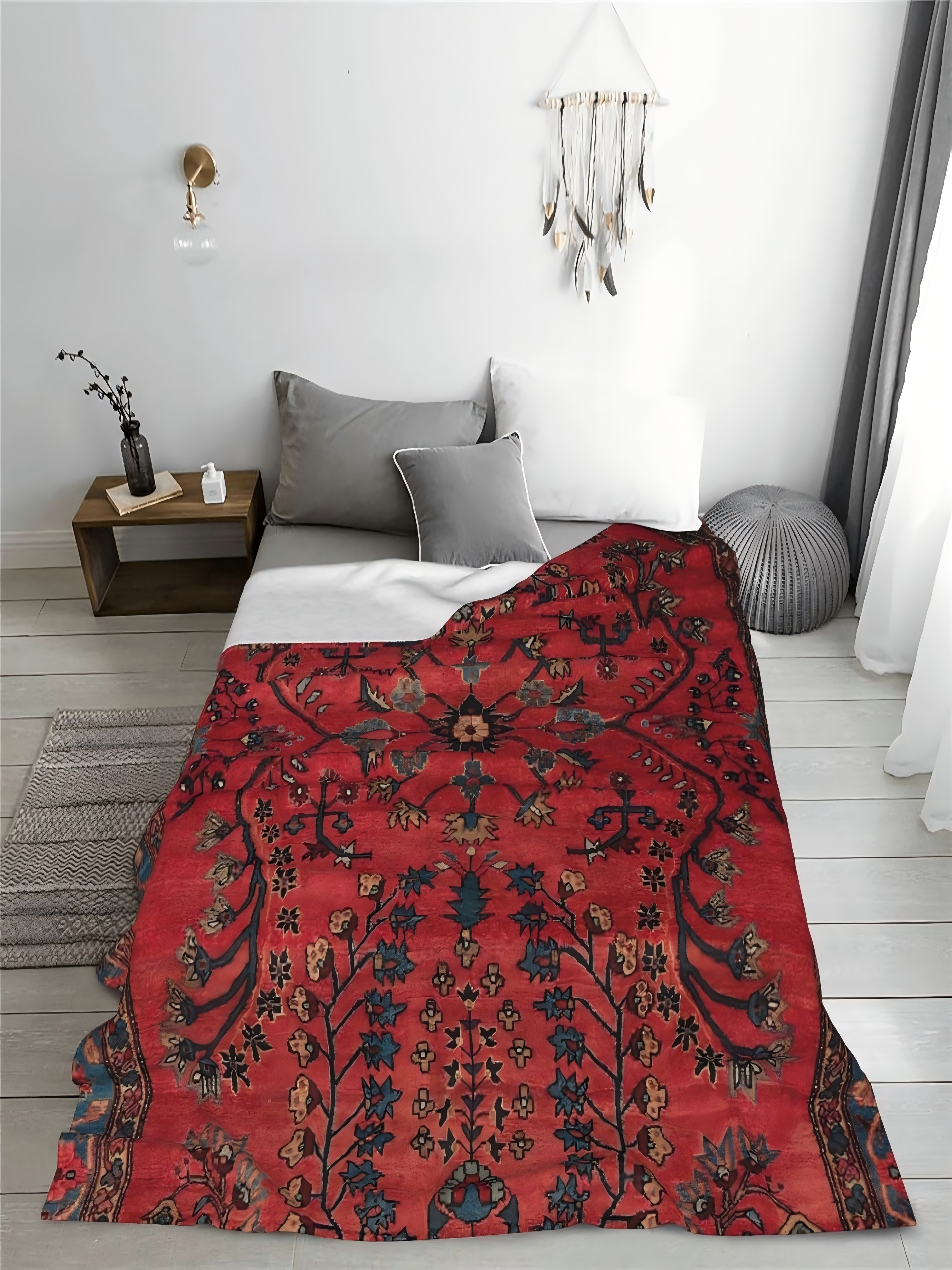 Vintage Red Floral Woven Throw Blanket - Multi-Patterned Polyester (30x40 inch)