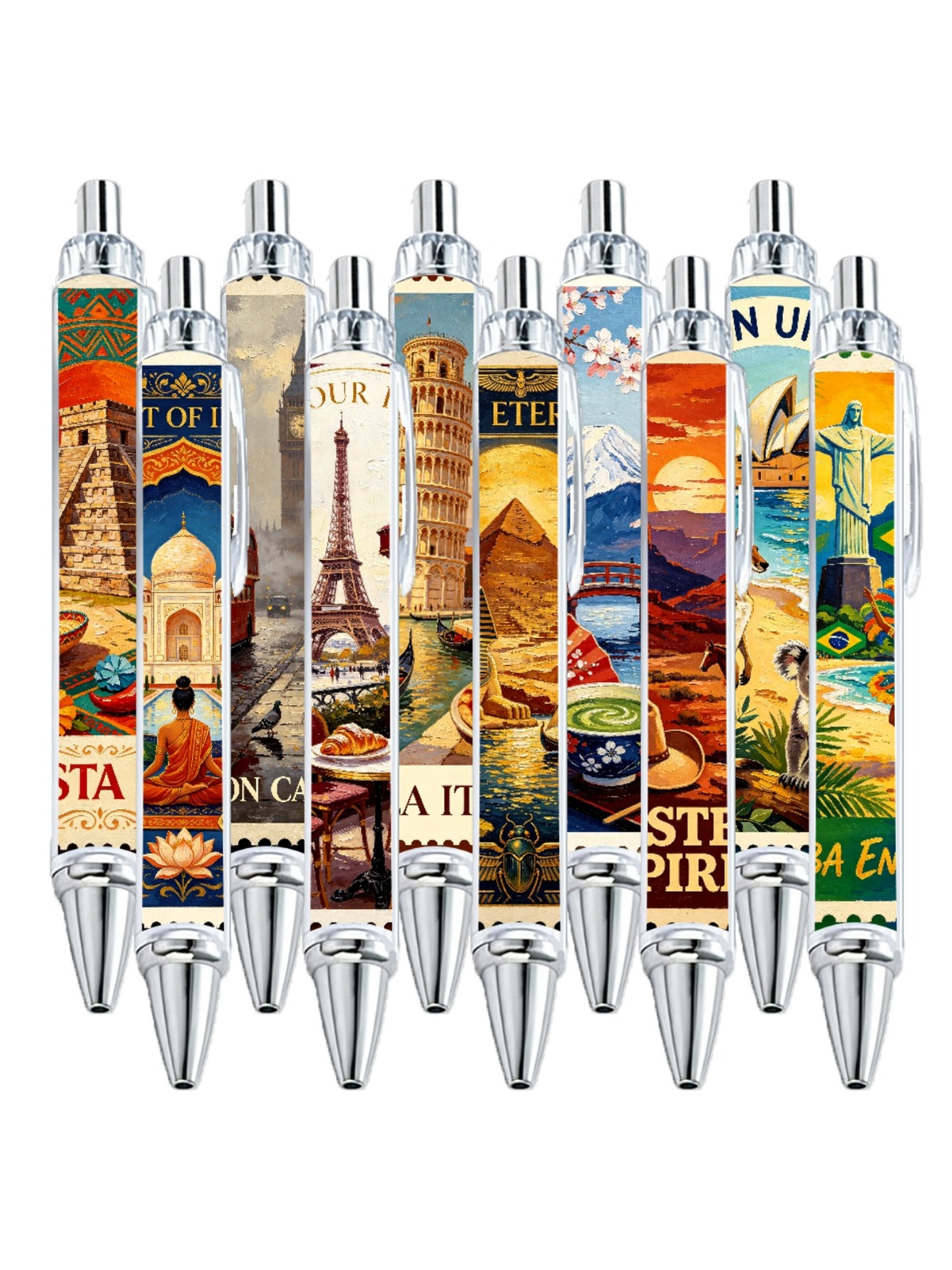 Country Stamp Gel Pens, World Stamps, Black Ink - 10-Pack