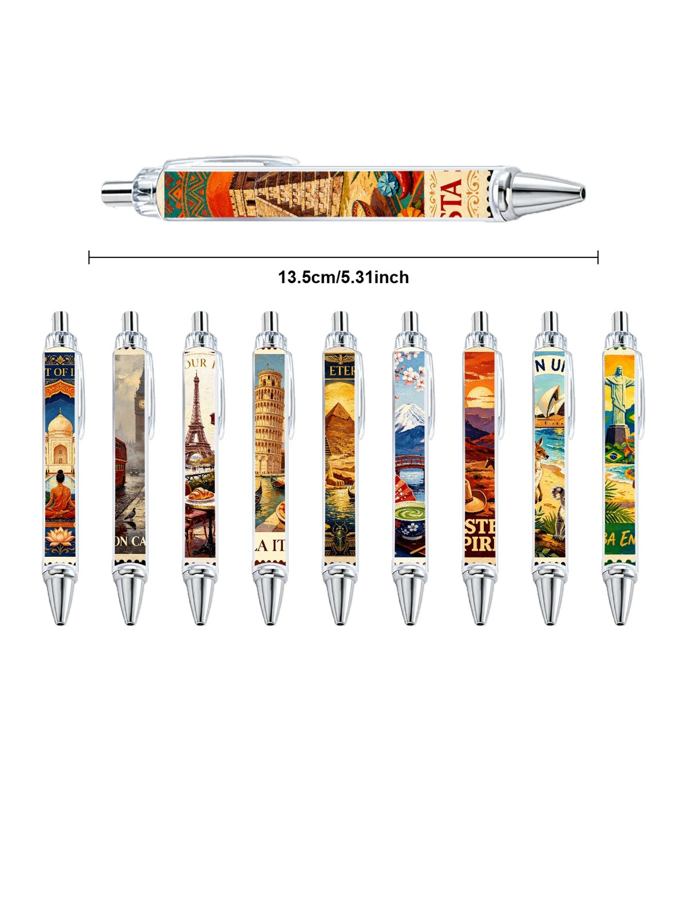 Country Stamp Gel Pens, World Stamps, Black Ink - 10-Pack