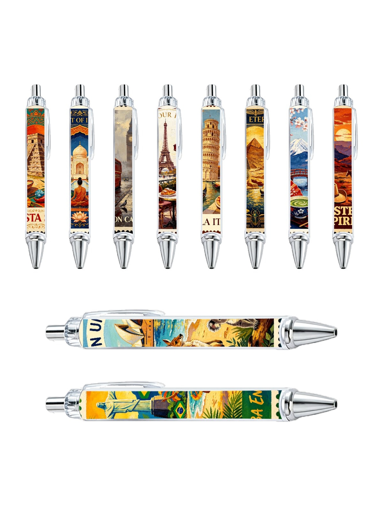 Country Stamp Gel Pens, World Stamps, Black Ink - 10-Pack