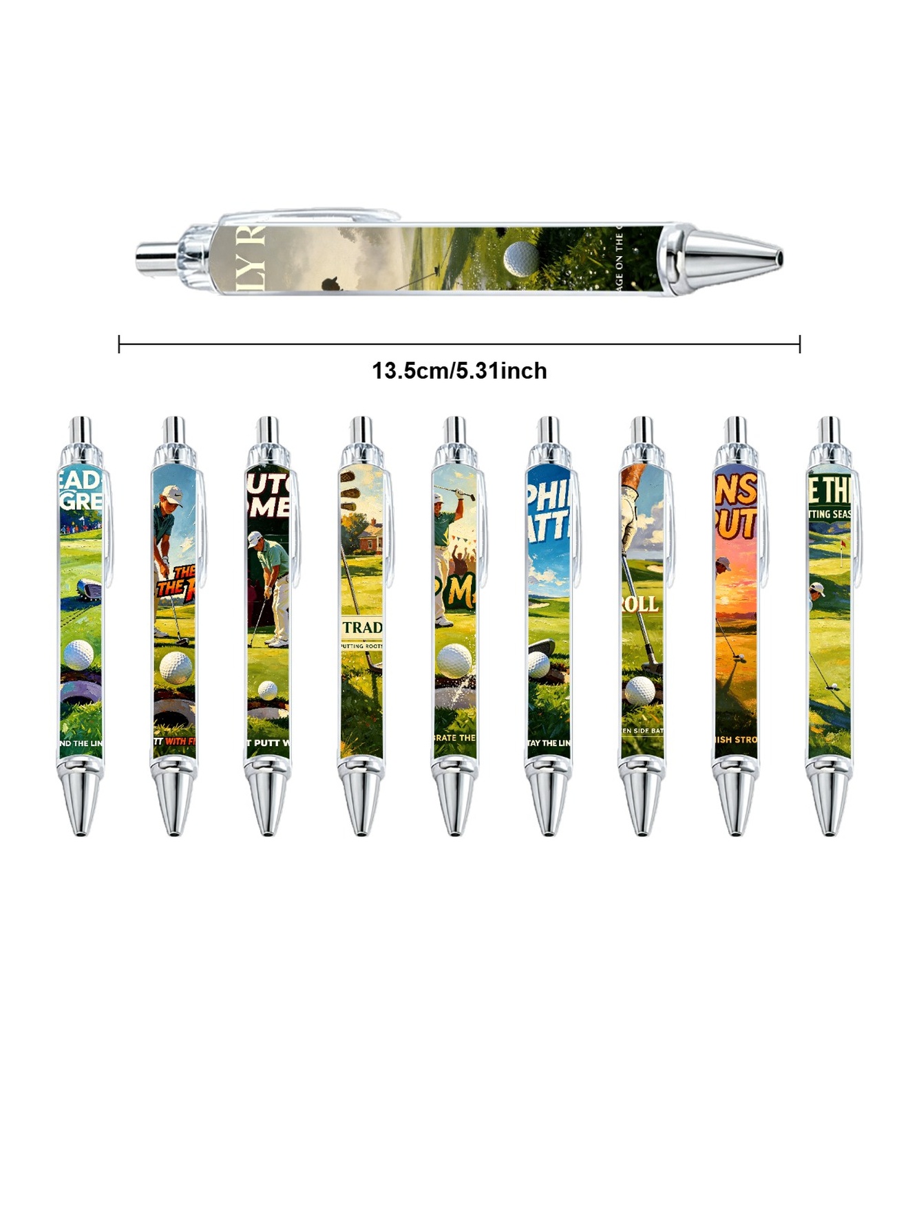 Golf Putt Ballpoint Pens, Green Fairway Print - 10-Pack