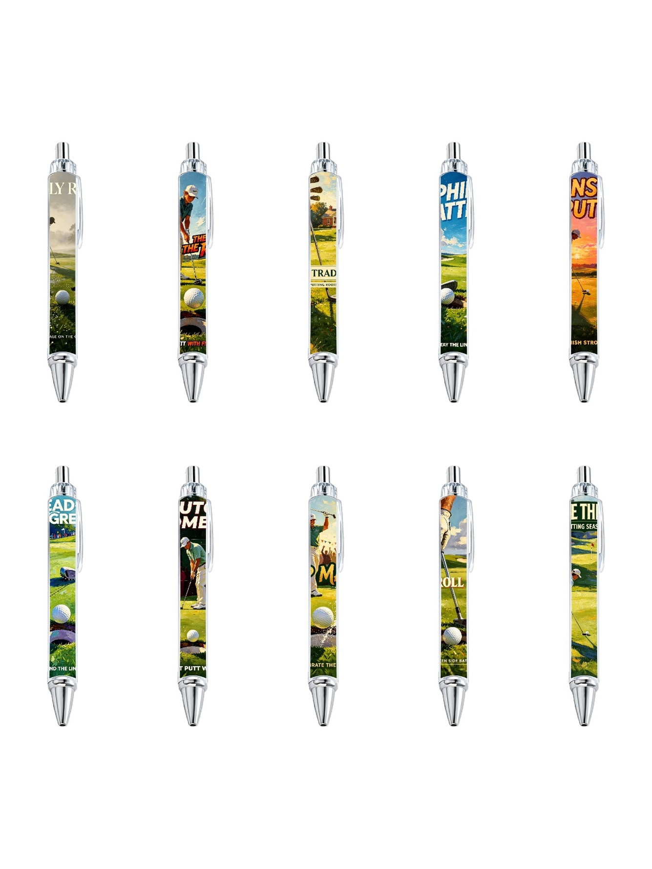 Golf Putt Ballpoint Pens, Green Fairway Print - 10-Pack