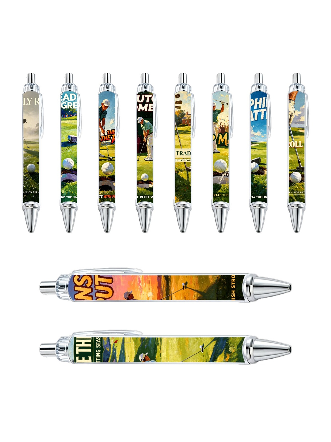 Golf Putt Ballpoint Pens, Green Fairway Print - 10-Pack