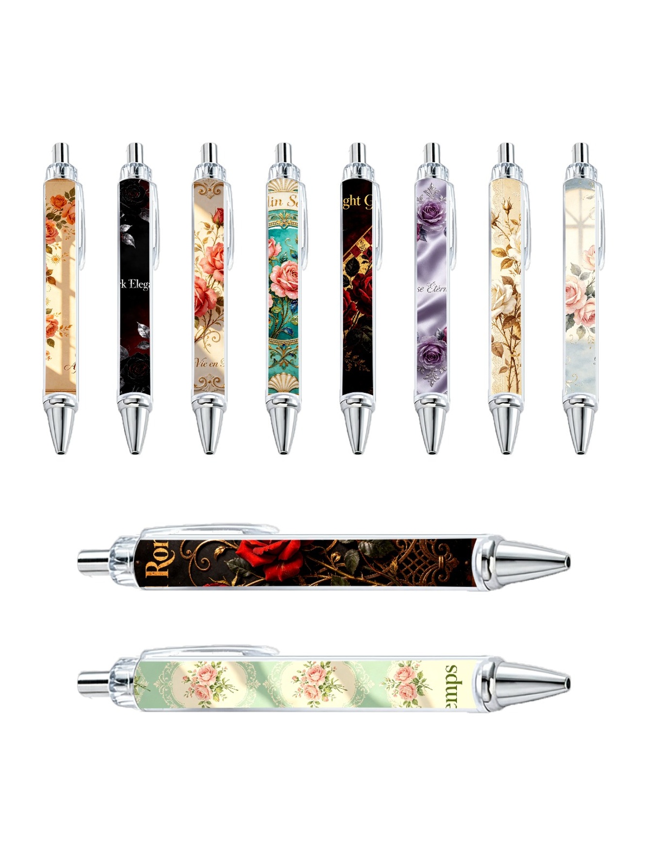 European Floral Gel Pens, Rose Fern Pattern - 10-Pack