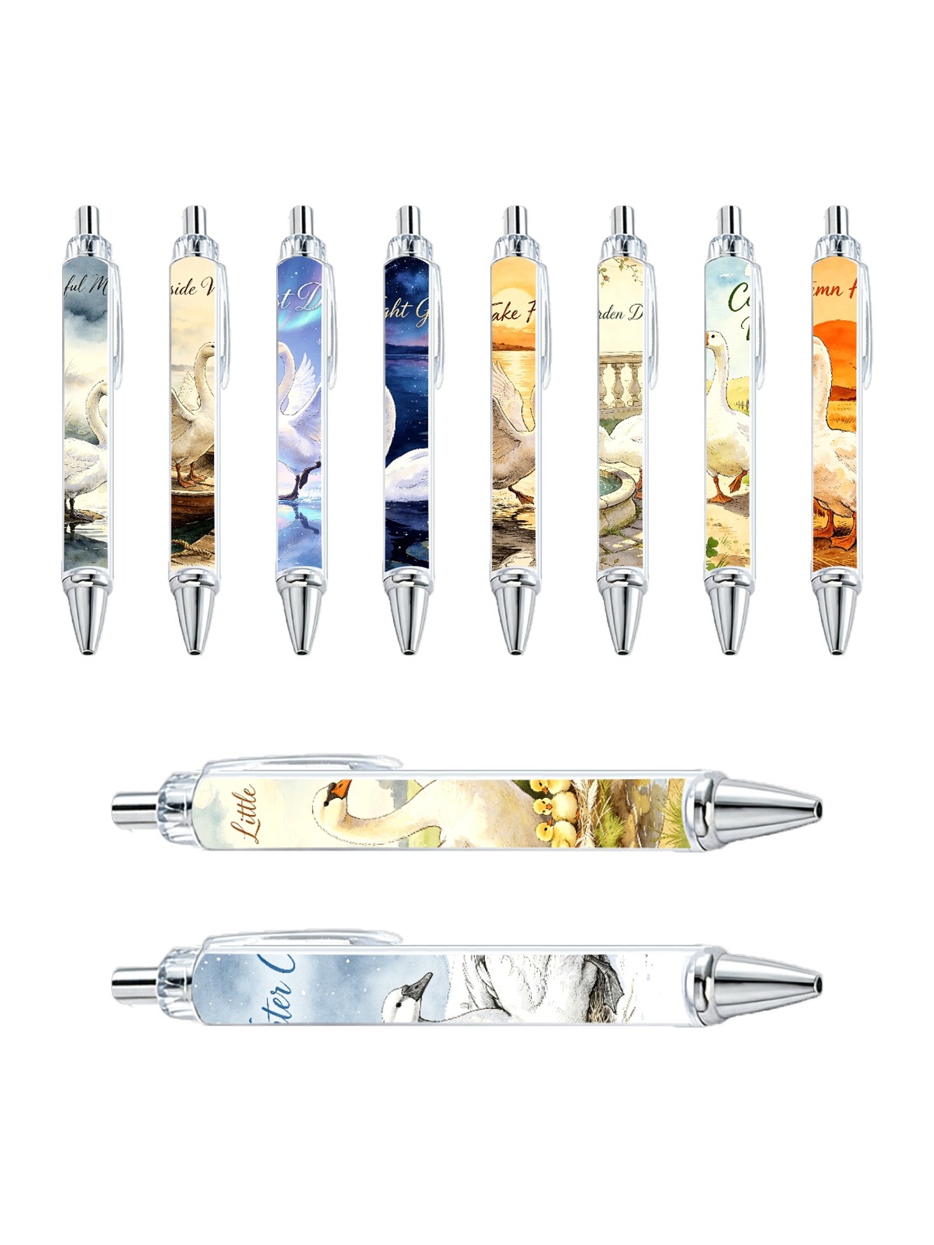 Goose Gel Pens, White Goose Pattern, Black Ink - 10-Pack