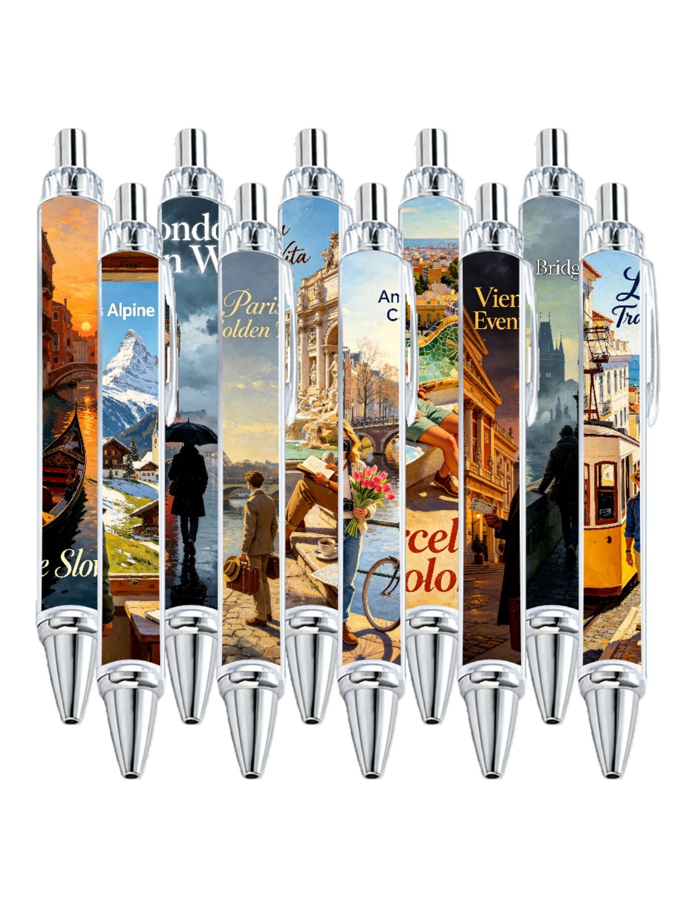 Europe Travel Gel Pens, Landmark Scenery, Black Ink - 10-Pack