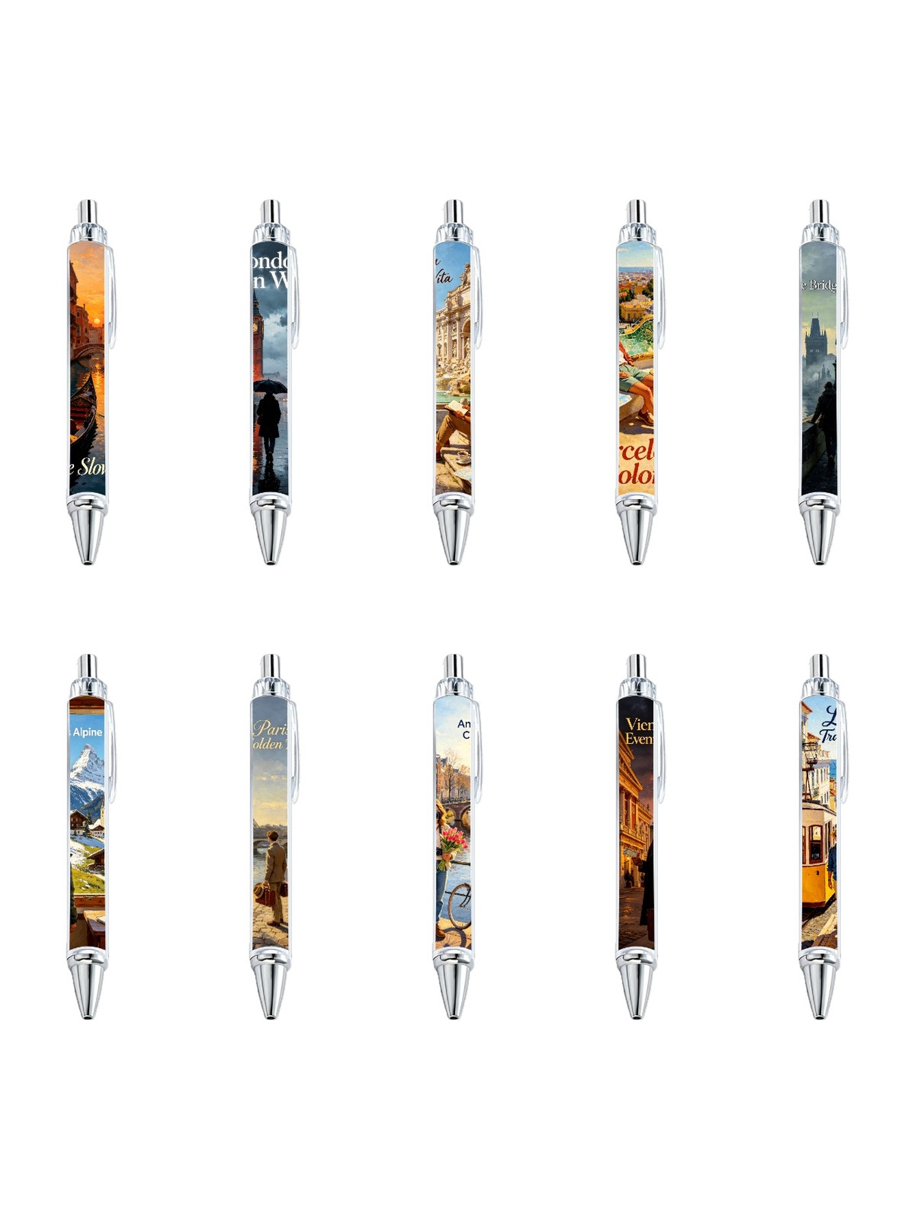 Europe Travel Gel Pens, Landmark Scenery, Black Ink - 10-Pack