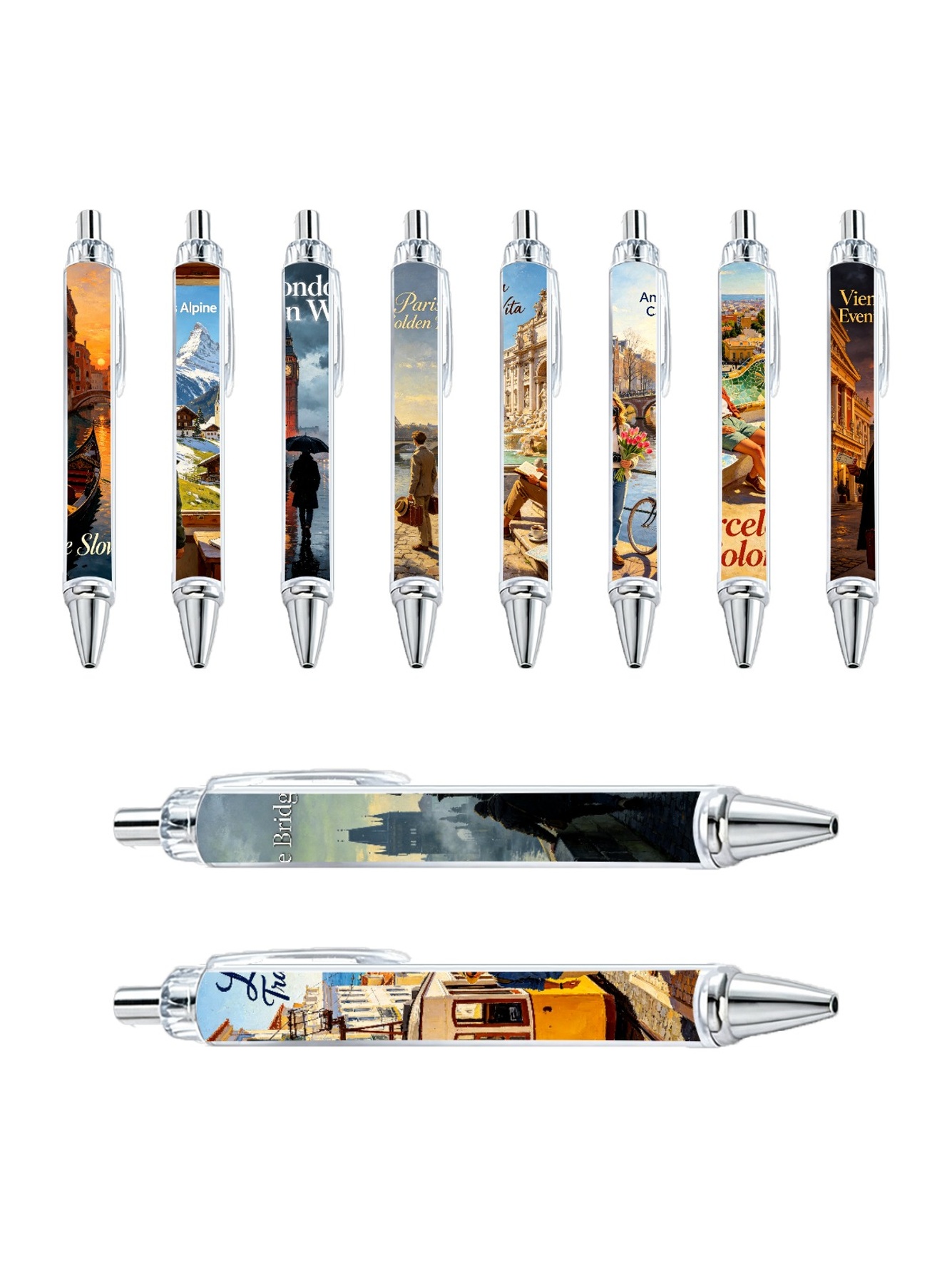 Europe Travel Gel Pens, Landmark Scenery, Black Ink - 10-Pack