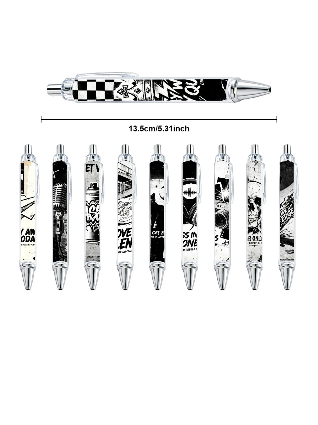 Black White Graffiti Gel Pens, Trendy Art Pattern - 10-Pack