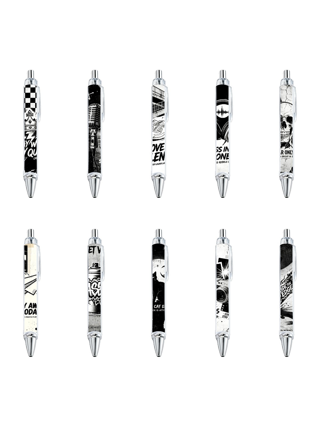 Black White Graffiti Gel Pens, Trendy Art Pattern - 10-Pack