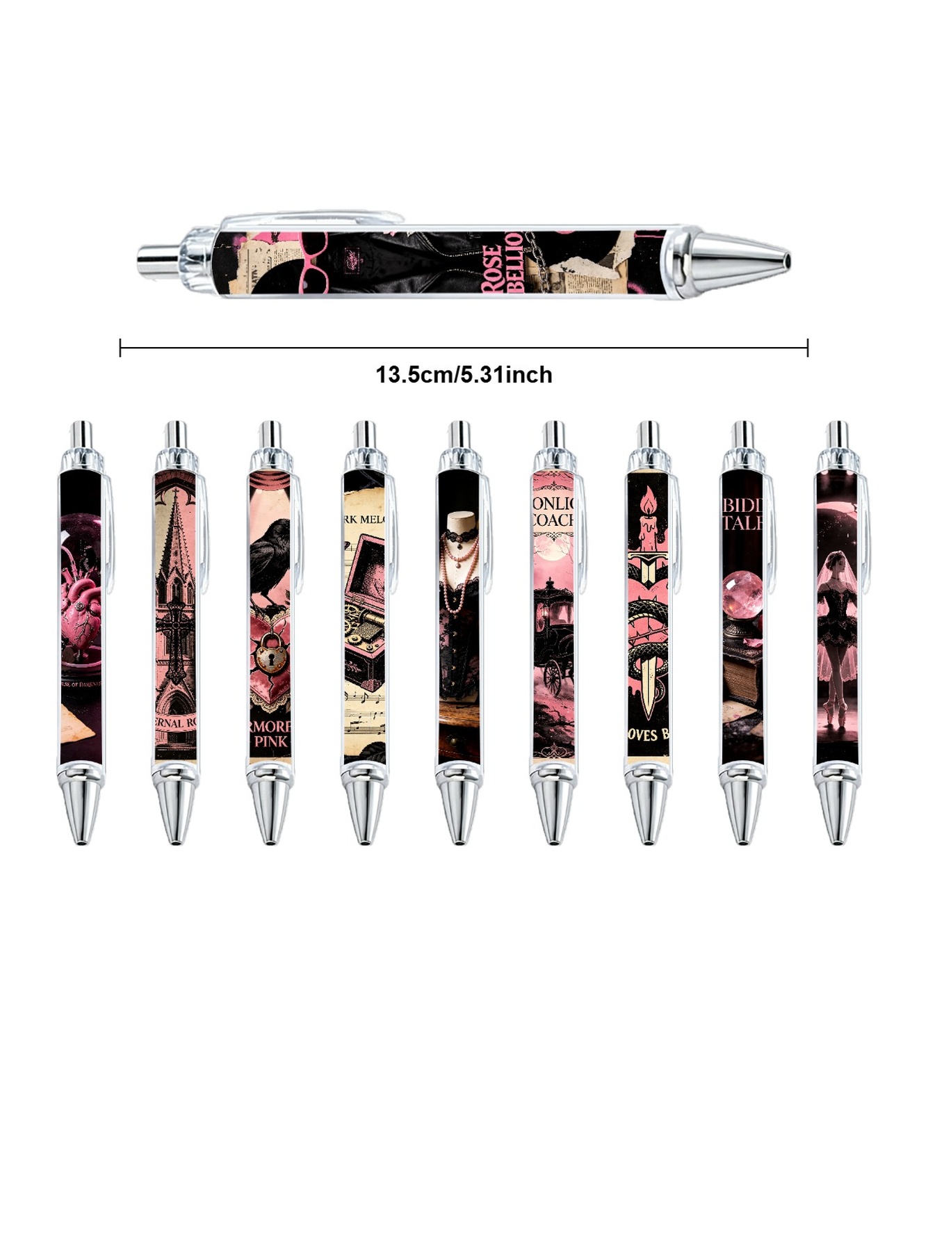 Gothic Gel Pens, Black Pink Goth, Black Ink - 10-Pack
