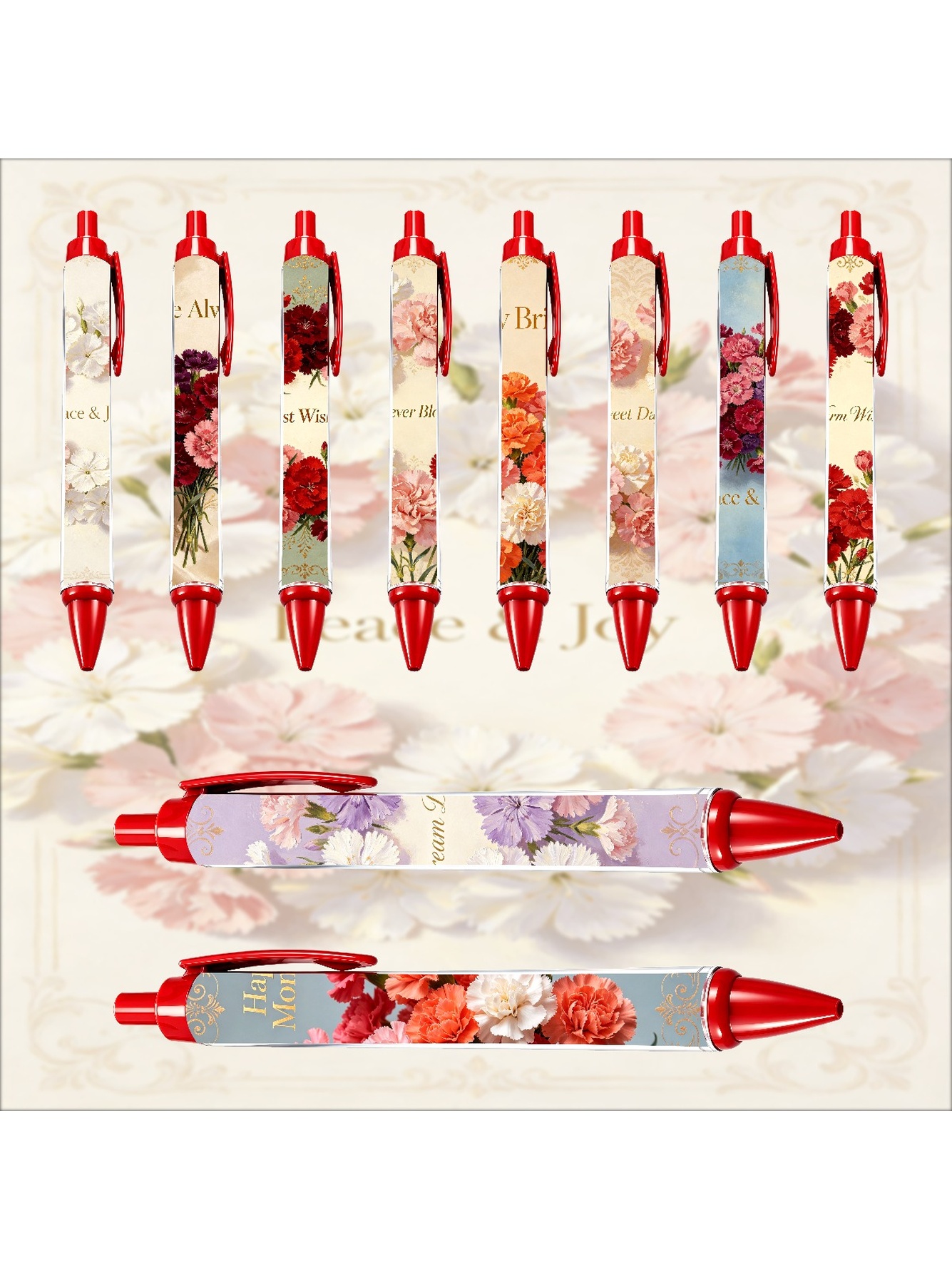Red Peony Pen Peace And Joy Black Ink - 10-Pack