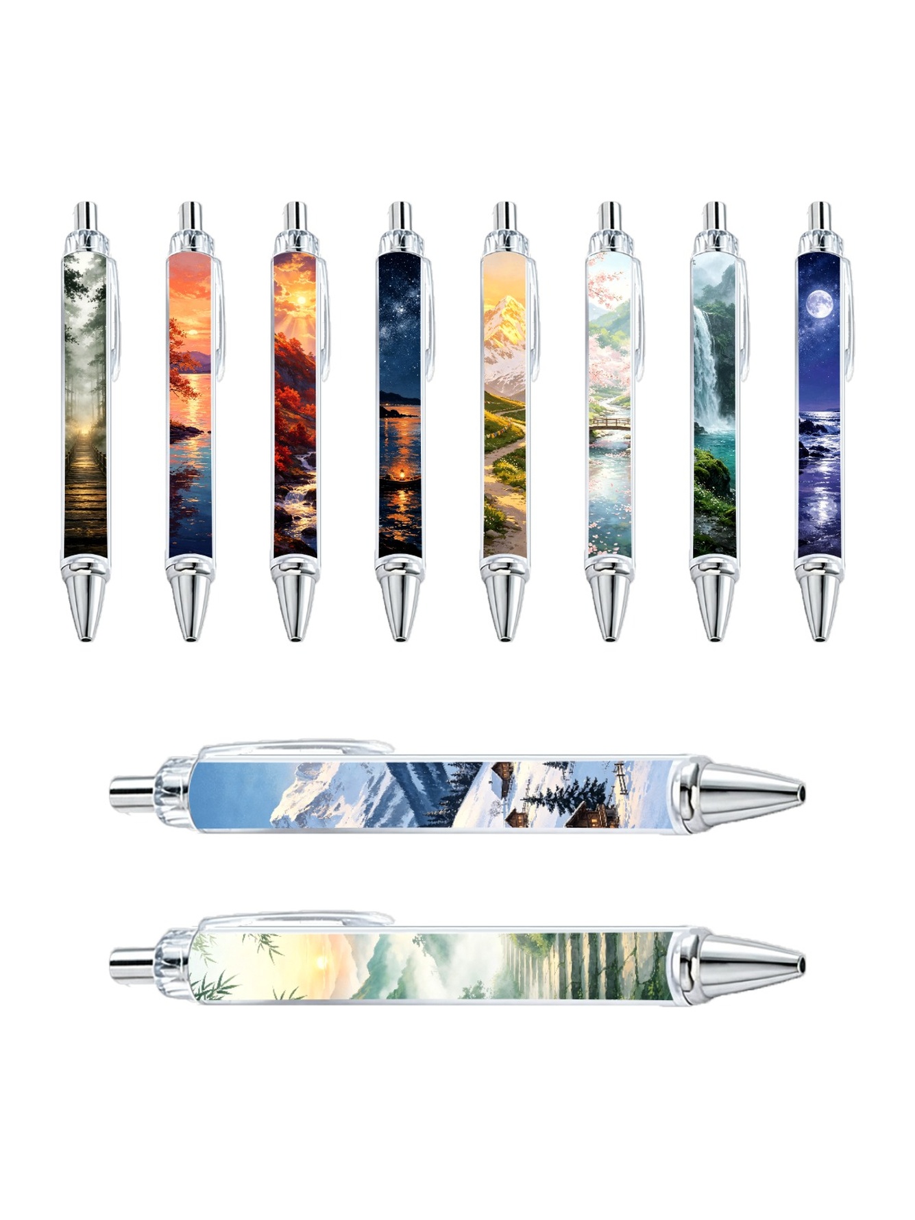Japanese Landscape Art Ballpoint Pen, Black Ink - 10-Pack