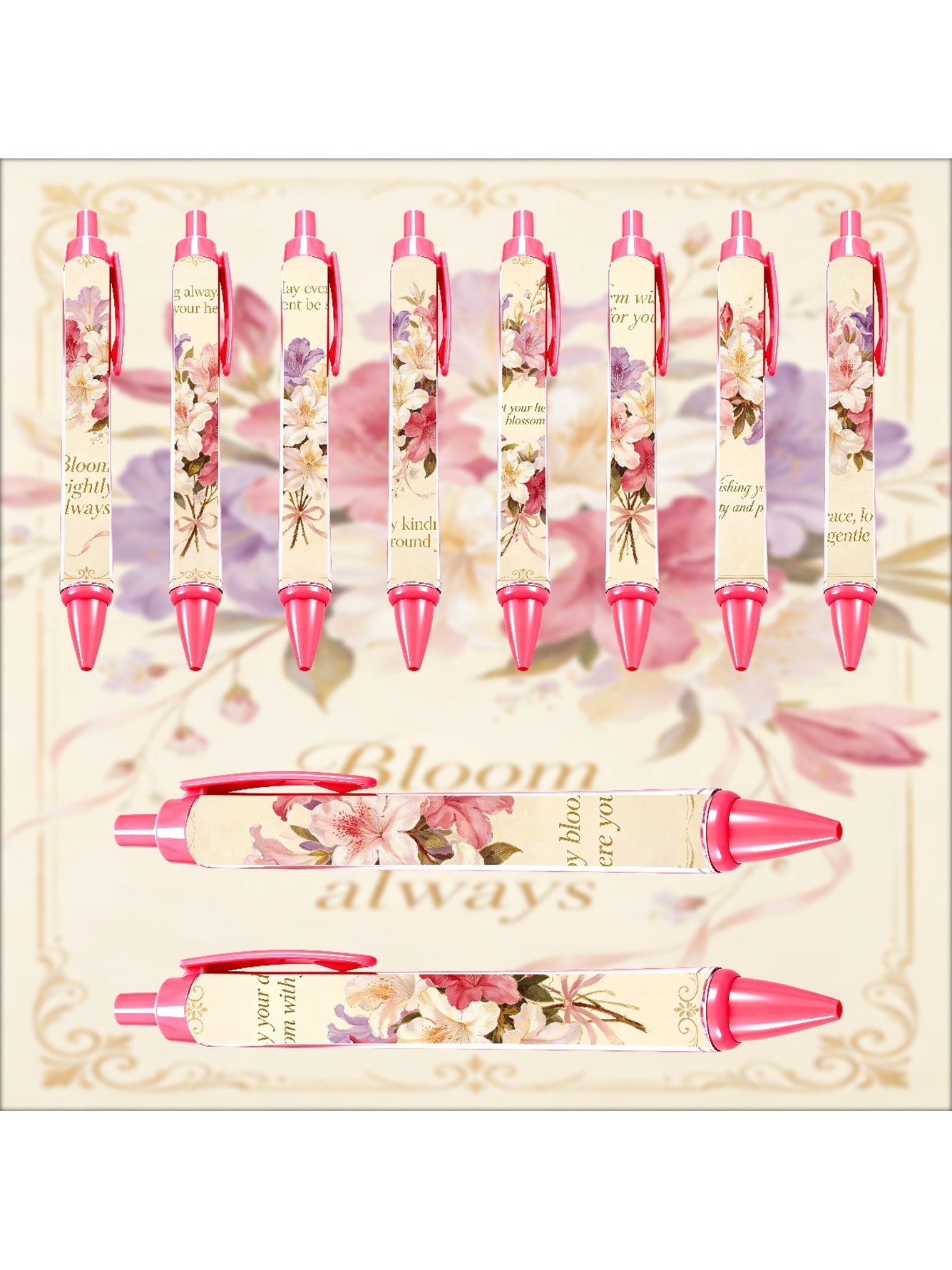 Camellia Retractable Pen, Red Bloom - 10-Pack