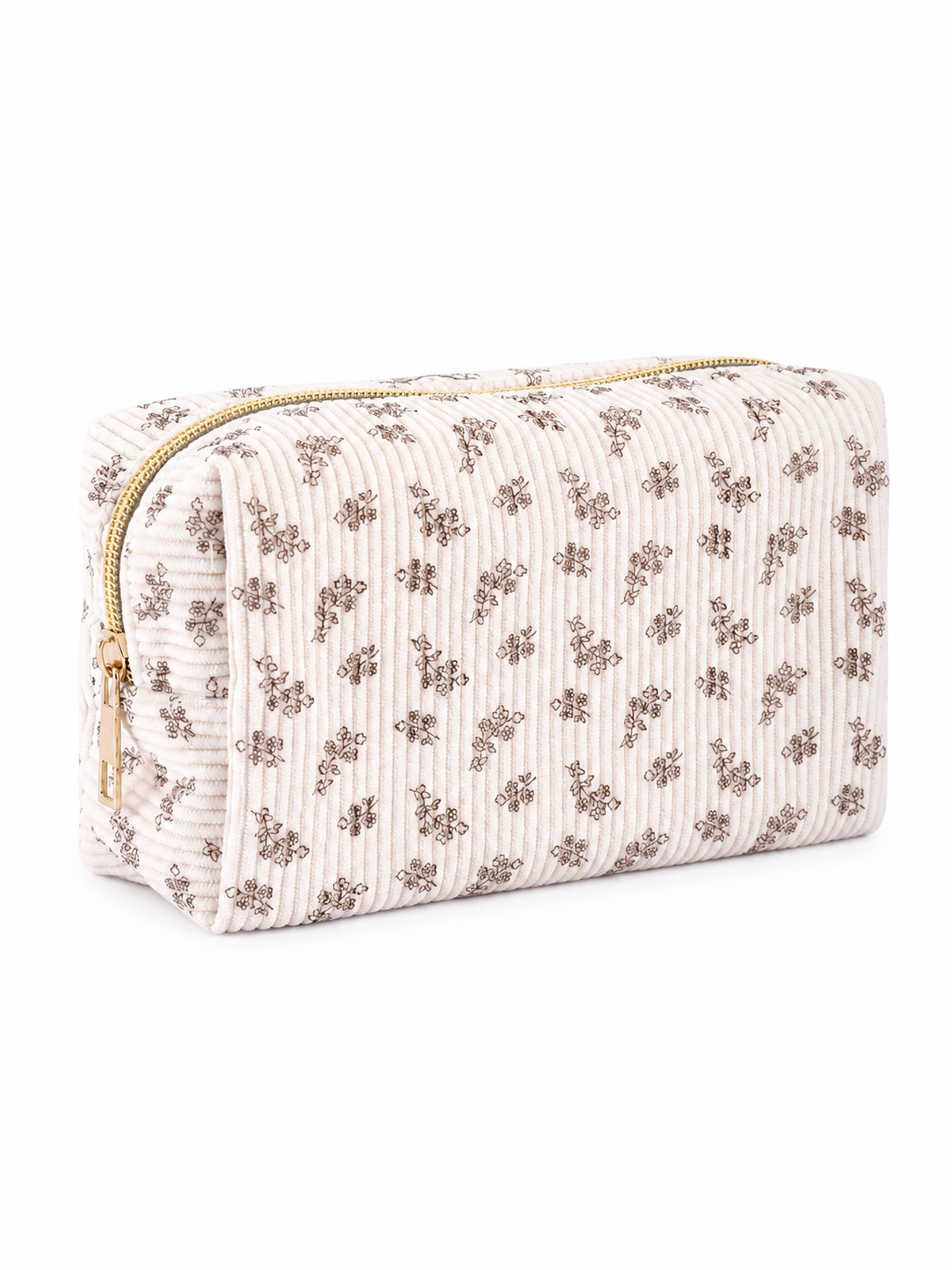 Cream Corduroy Floral Print Cosmetic Pouch with Gold Zipper