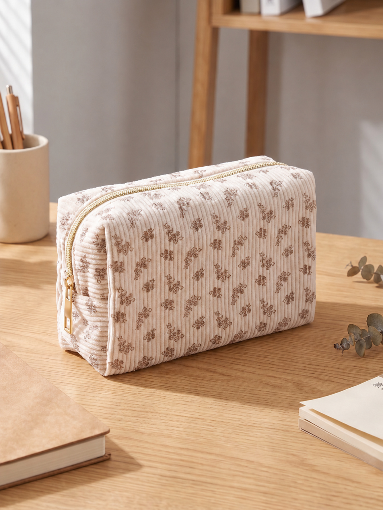 Cream Corduroy Floral Print Cosmetic Pouch with Gold Zipper
