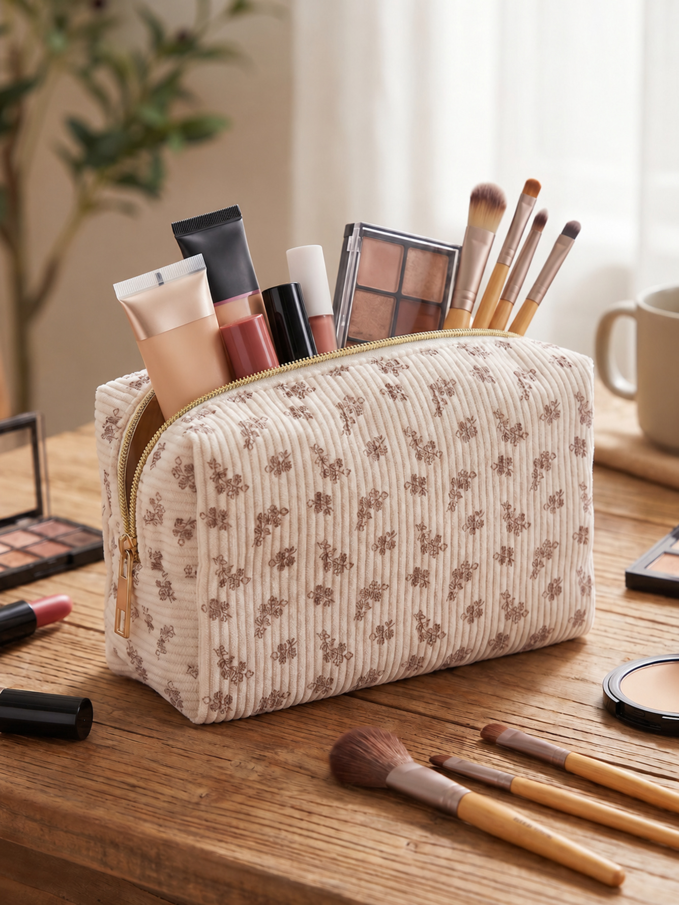 Cream Corduroy Floral Print Cosmetic Pouch with Gold Zipper