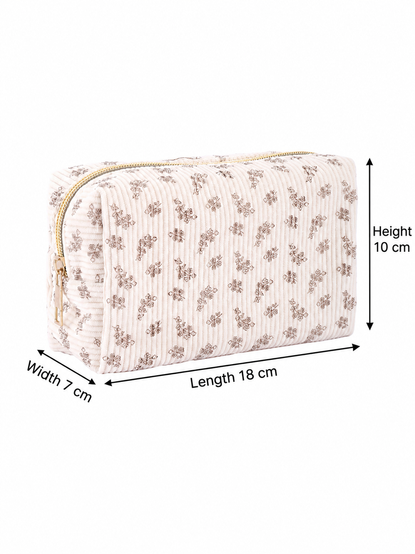 Cream Corduroy Floral Print Cosmetic Pouch with Gold Zipper