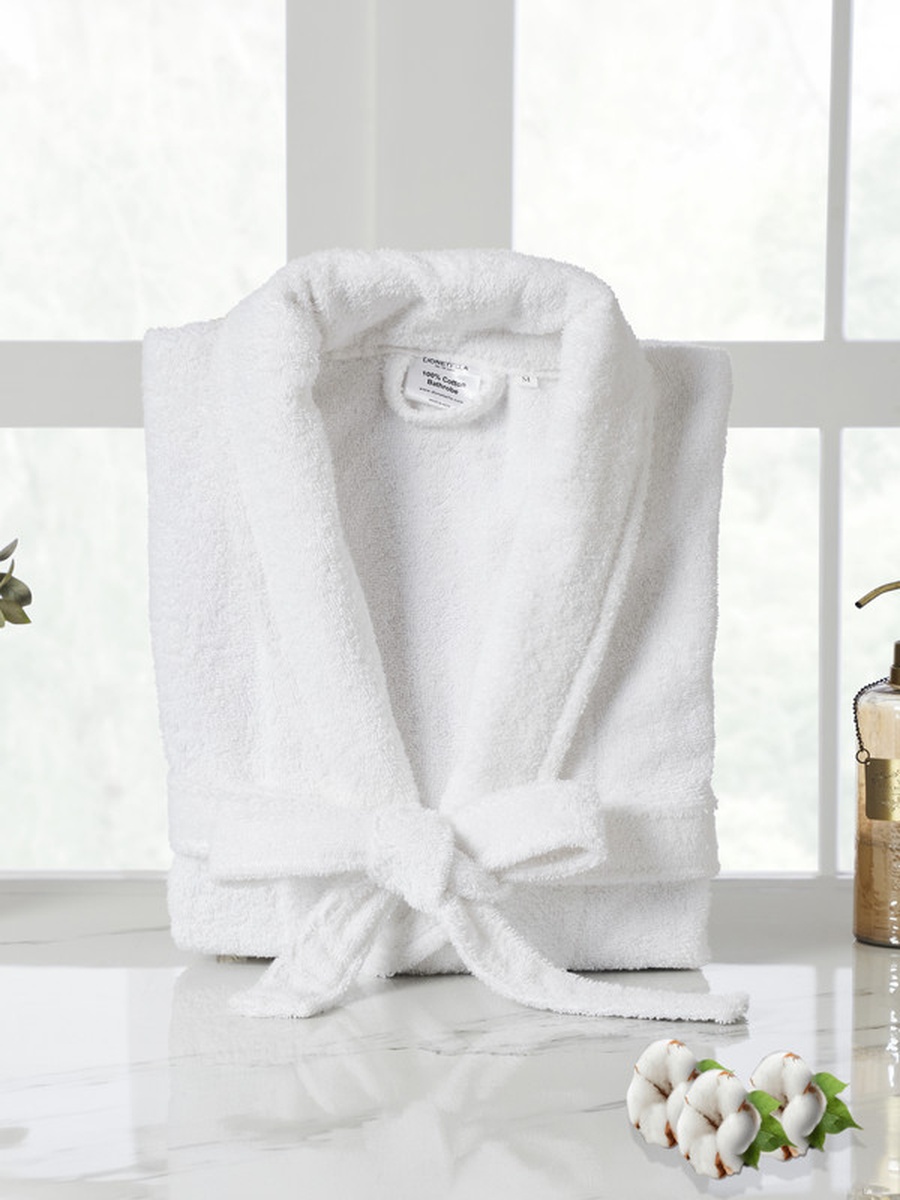 100% Cotton Bathrobe for Men and Women, 1-Piece, M Size, 400 GSM, Shawl Collar, Belt and Pockets, (White)
