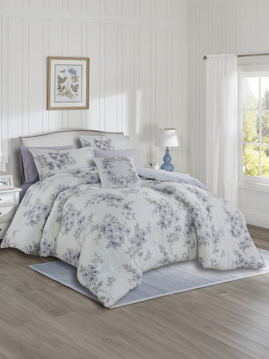 7-Piece Printed King Comforter Set, 260x240 cm Bed, Reversible Design, 350 GSM Down Alternative Fill, (Whisper White)