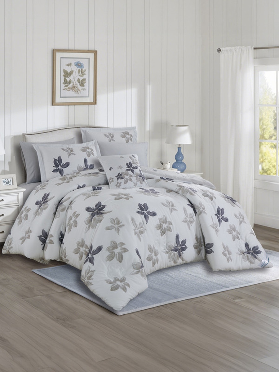 7-Piece Printed King Comforter Set, 260x240 cm Bed, Reversible Design, 350 GSM Down Alternative Fill, (Silver Mist)