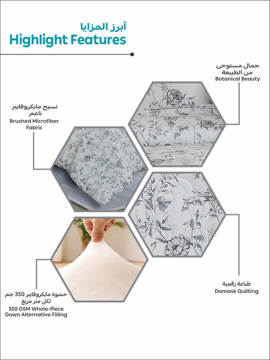 4-Piece Printed Single Comforter Set, 170x230 cm Bed, Reversible Design, 350 GSM Down Alternative Fill, (Pearl White)