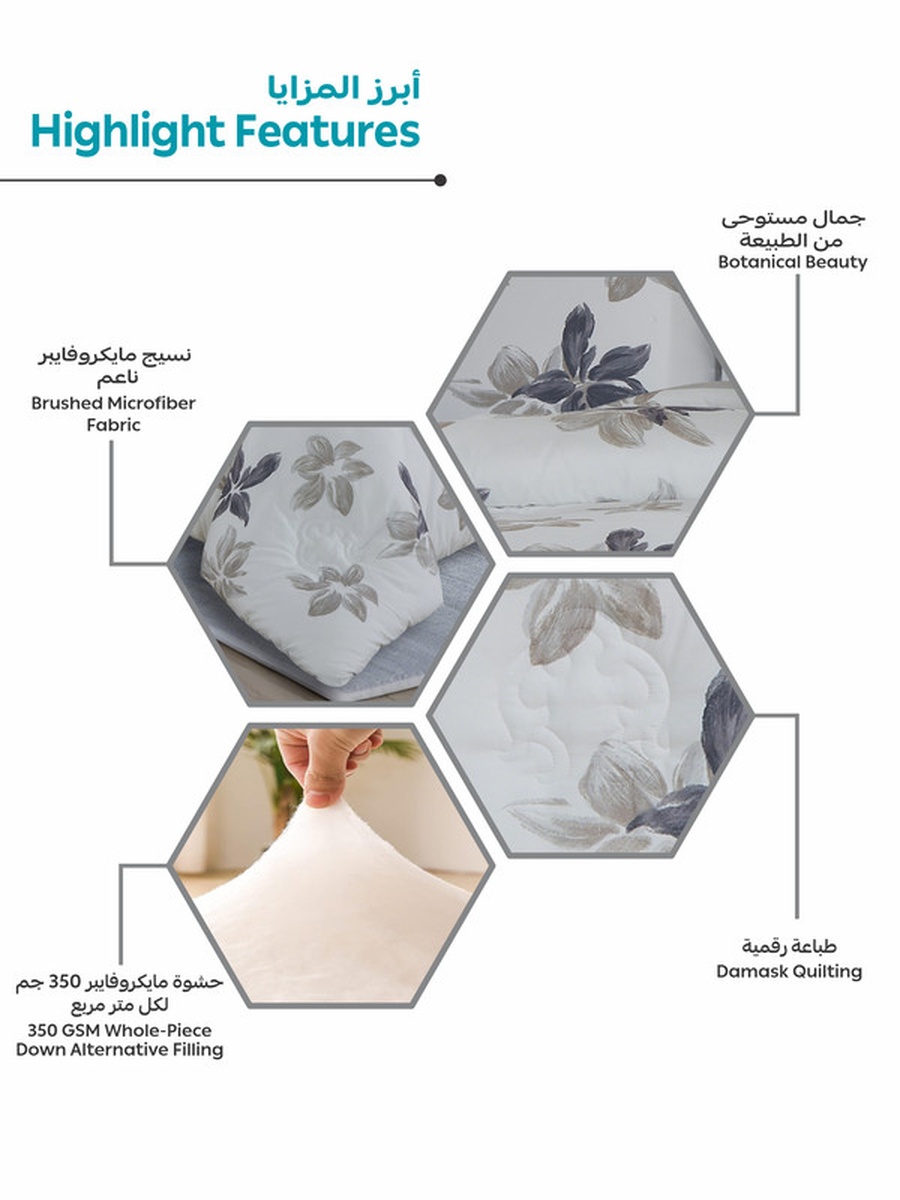 4-Piece Printed Single Comforter Set, 170x230 cm Bed, Reversible Design, 350 GSM Down Alternative Fill, (Silver Mist)