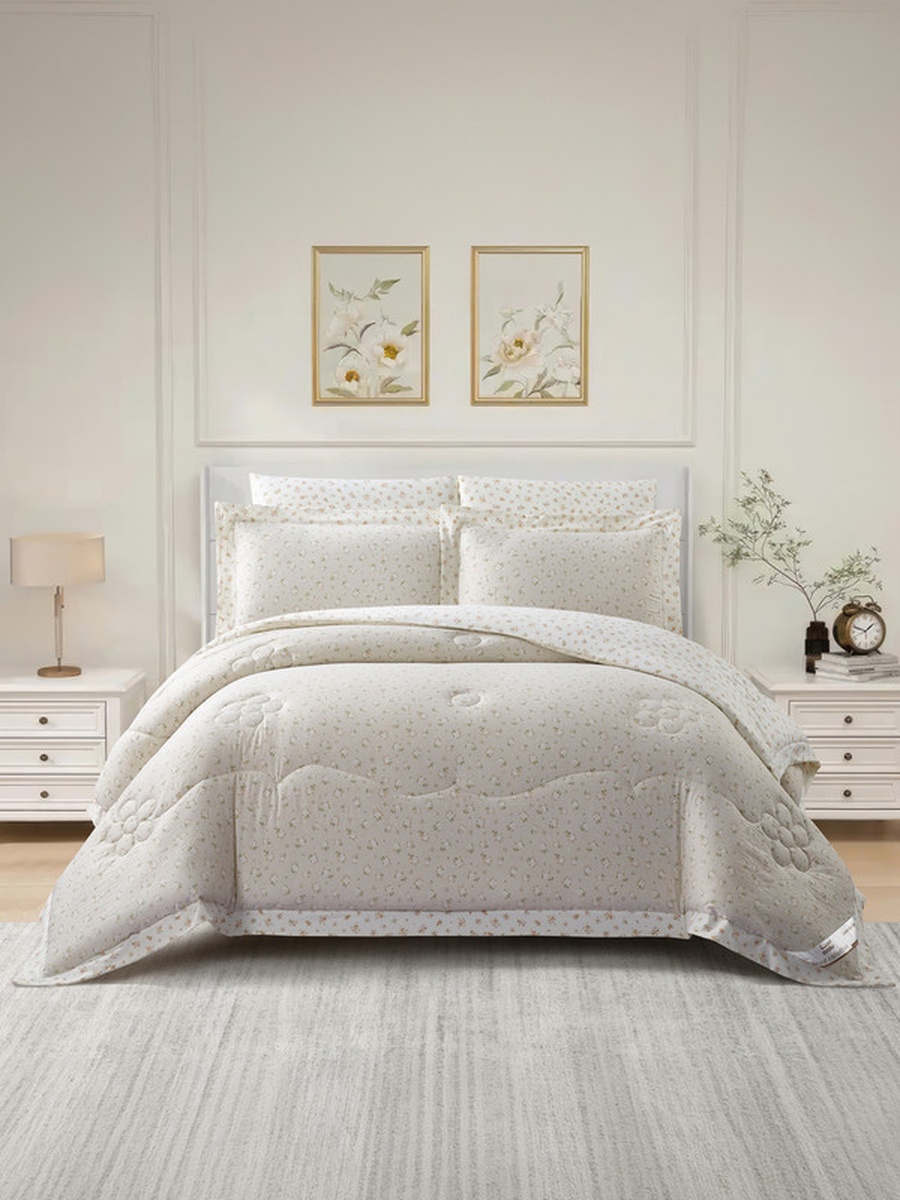 6-Piece King Comforter Set, 260x240 cm, Reversible Printed, Brushed Microfiber, 350 GSM Down Alternative Filling, (Ecru)