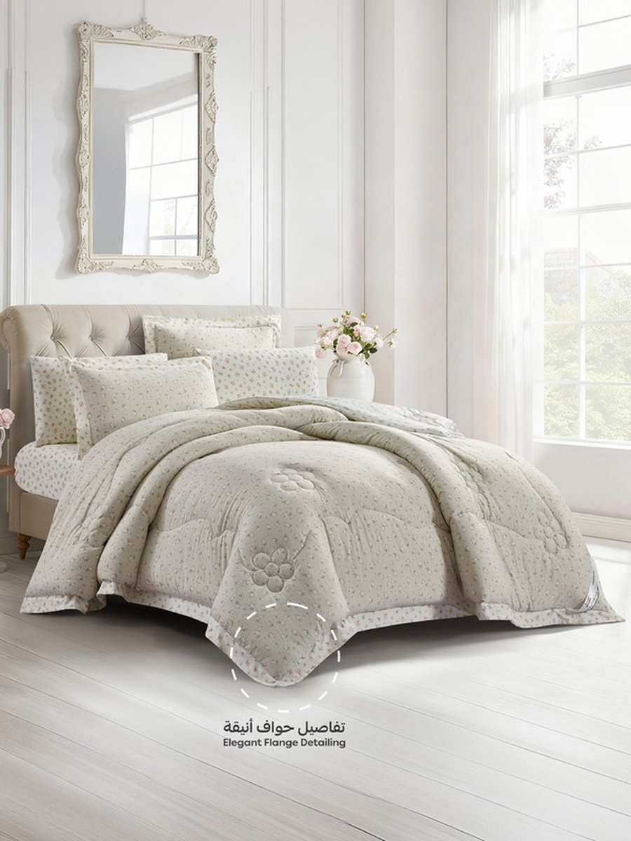6-Piece King Comforter Set, 260x240 cm, Reversible Printed, Brushed Microfiber, 350 GSM Down Alternative Filling, (Ecru)